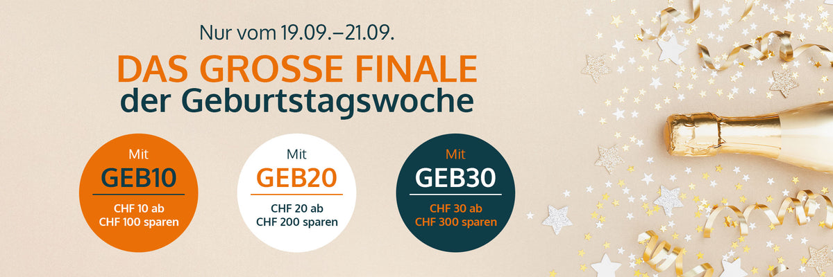 Querformat-Werbebanner 'Das grosse Finale der Geburtstagswoche' mit Rabattcodes GEB10, GEB20 und GEB30 sowie einer Champagnerflasche auf Konfetti-Hintergrund, gültig vom 19.09. bis 21.09.