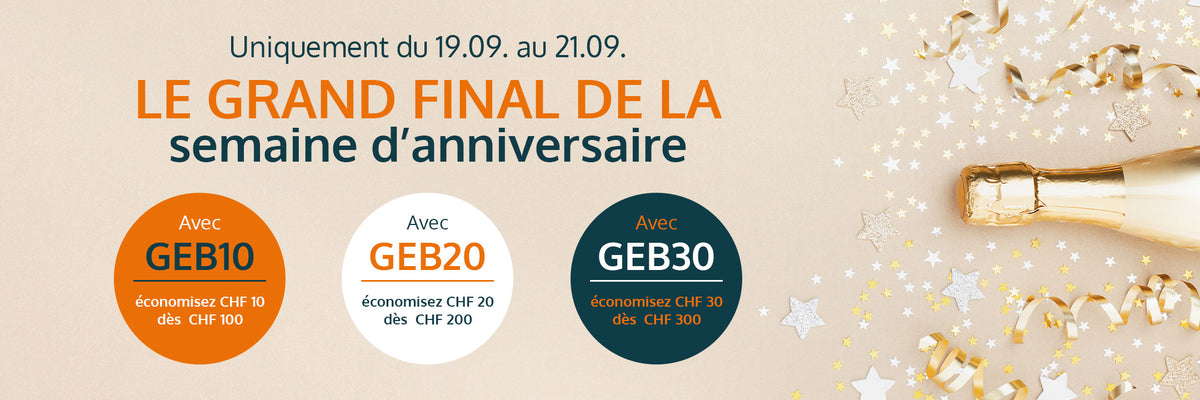 Französisches Werbebanner mit Champagnerflasche und Konfetti, Rabattcodes GEB10, GEB20 und GEB30 gültig vom 19.09 bis 21.09.