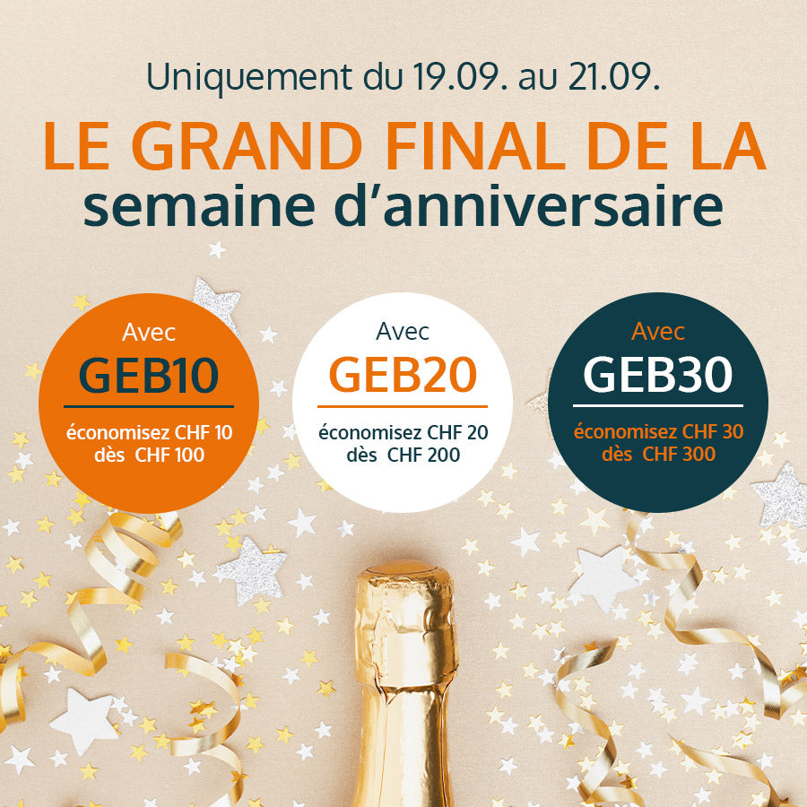 Französisches quadratisches Werbebanner mit Champagnerflasche und Konfetti, Rabattcodes GEB10, GEB20 und GEB30 gültig vom 19.09 bis 21.09.