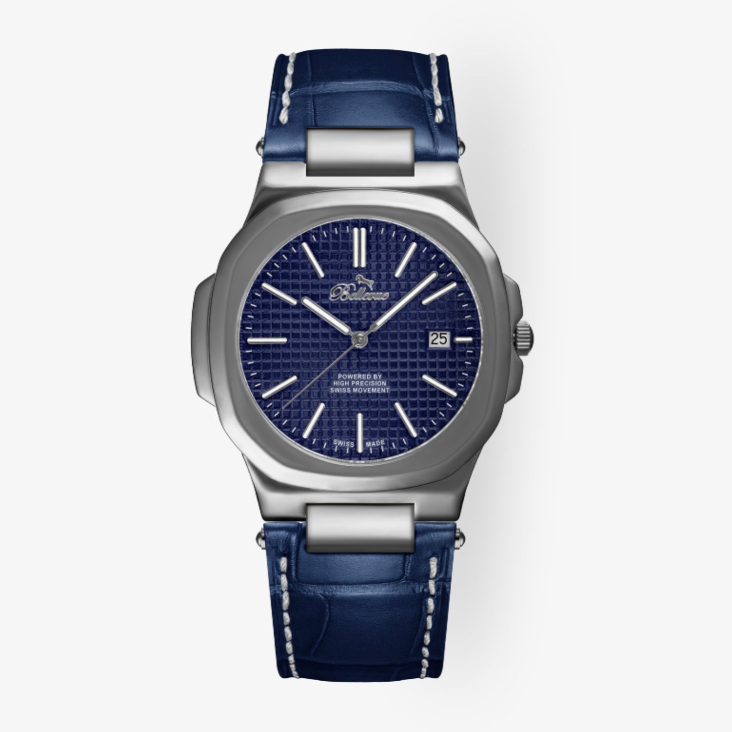 F.433 – sportlich-klassische Kissenform mit blauem Kunstleder-Armband