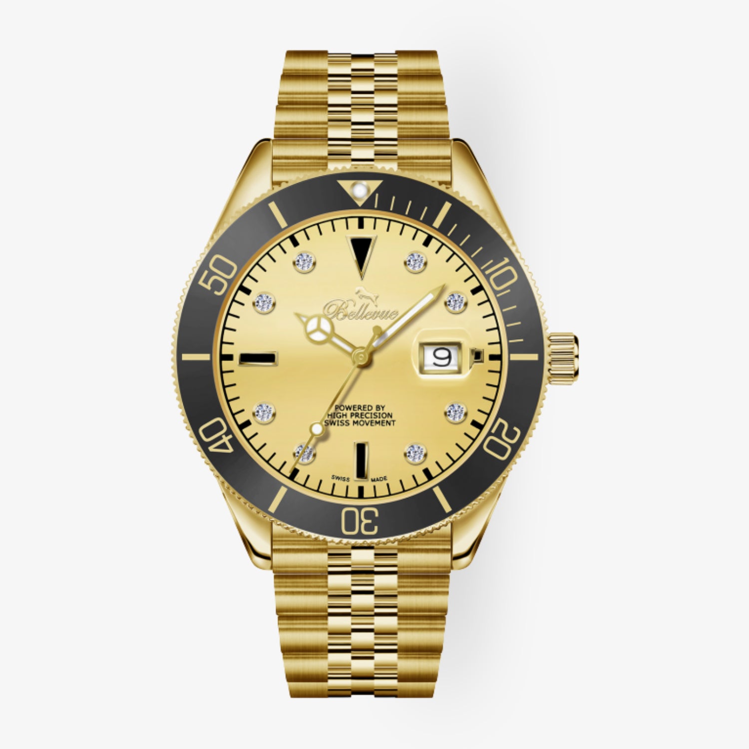 F.452 – Gold-Uhr mit schwarzer Drehlünette & kristallbesetzten Indexen