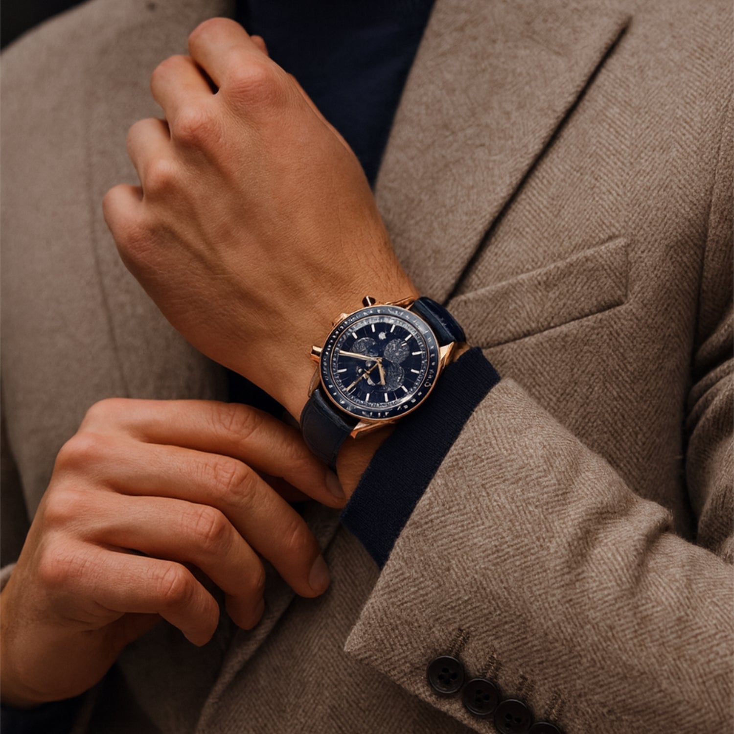 L.411 – sportlich-eleganter Chronograph in Roségold und Marine-Blau