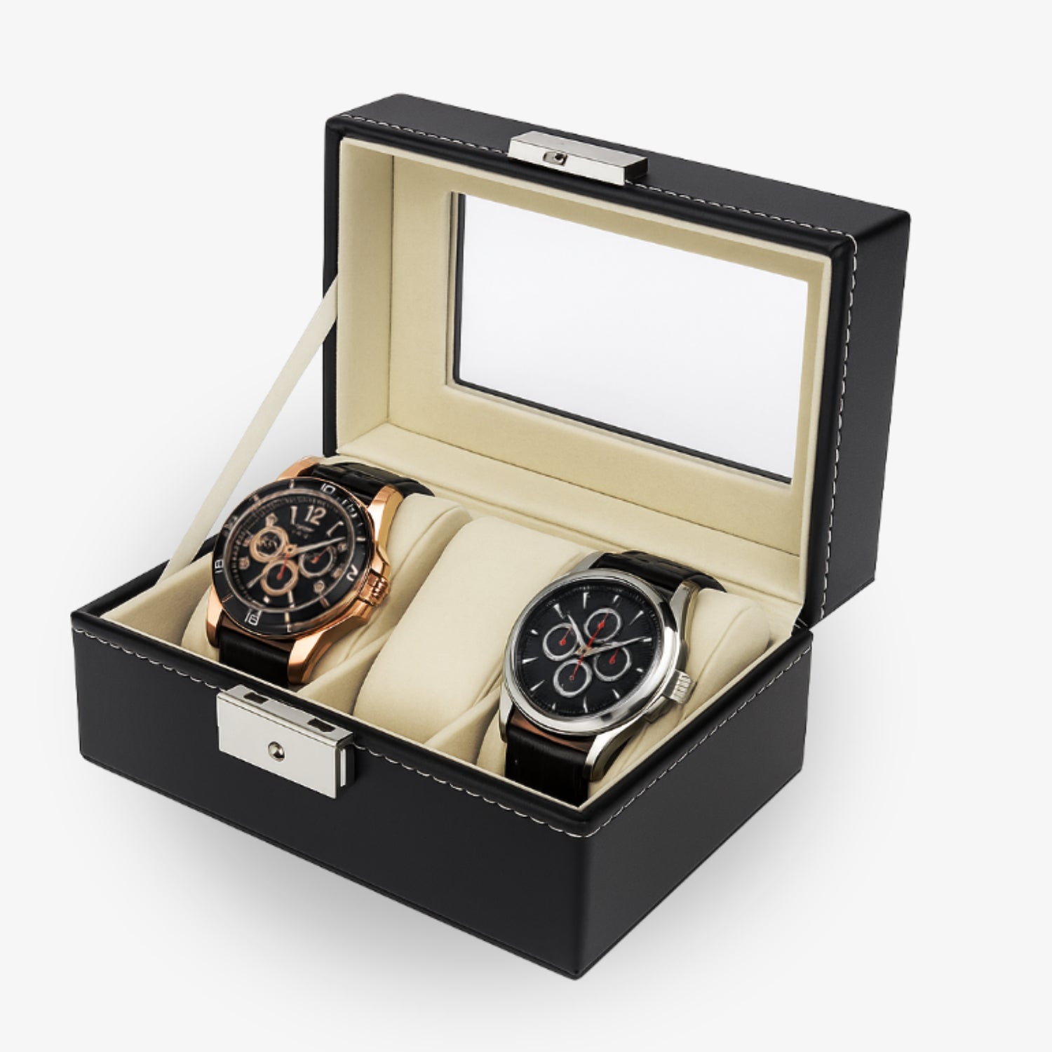 Zwei elegante Uhren in einer offenen schwarzen Uhrenbox mit beigem Innenfutter, auf weißem Hintergrund.