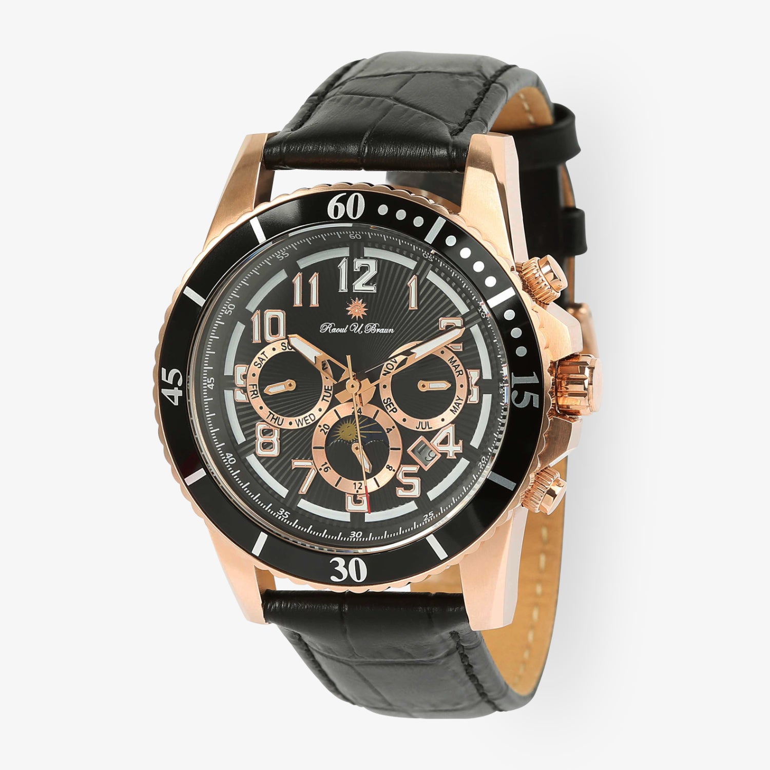 Herrenarmbanduhr mit schwarzem Zifferblatt, roségoldenem Gehäuse und schwarzem Lederarmband.