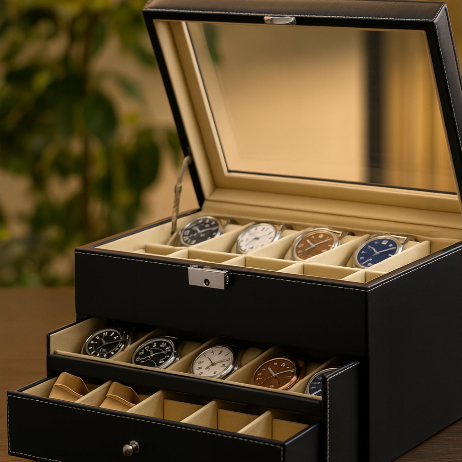 Eine geöffnete Uhrenbox mit zwei Ebenen, die mehrere Armbanduhren in verschiedenen Farben zeigt.