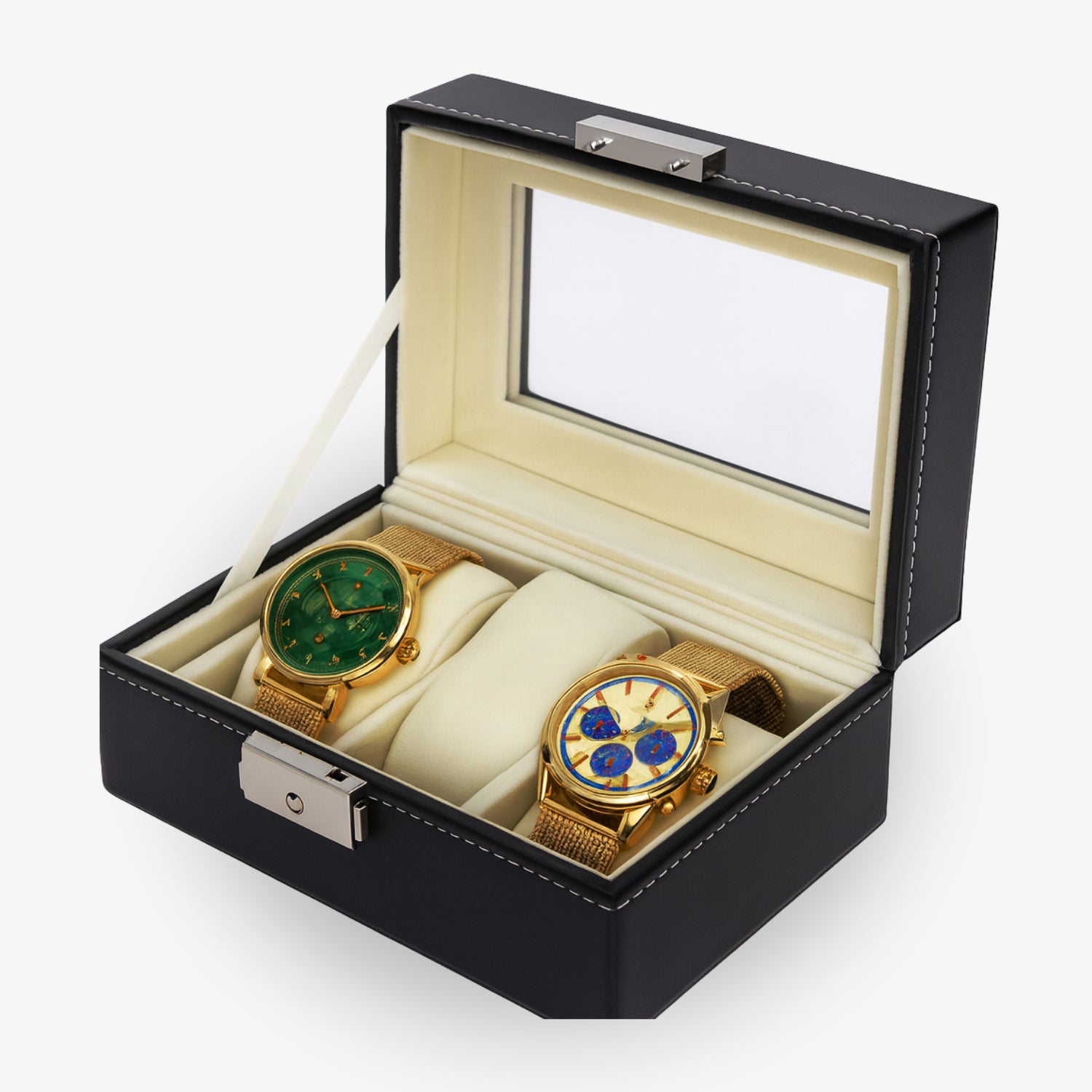 Zwei goldene Armbanduhren in einem geöffneten schwarzen Uhrenetui mit beigem Innenfutter.