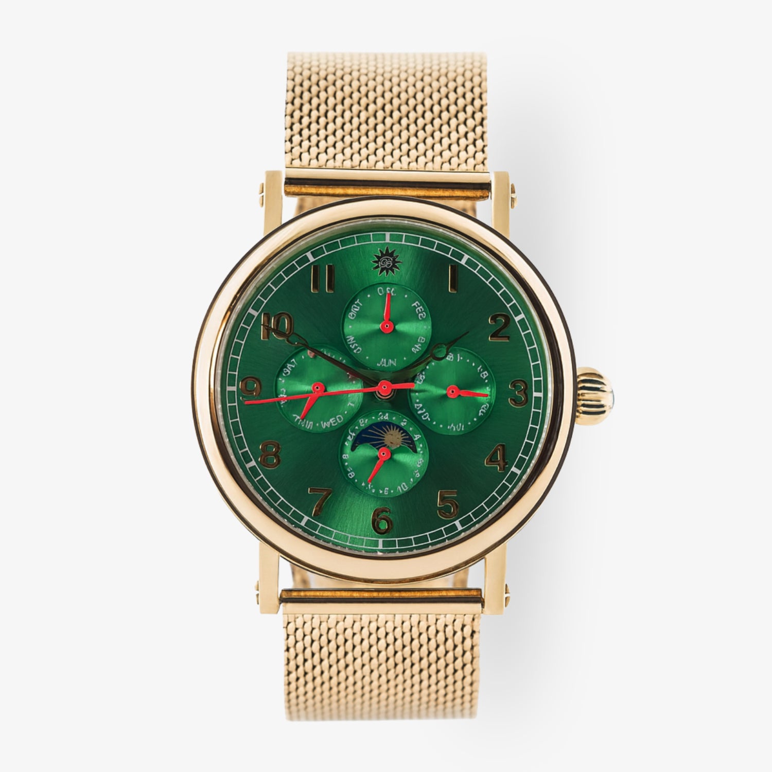 Goldene Uhr mit grünem Zifferblatt und Chronographen, roter Zeiger, Mesh-Armband auf weißem Hintergrund.