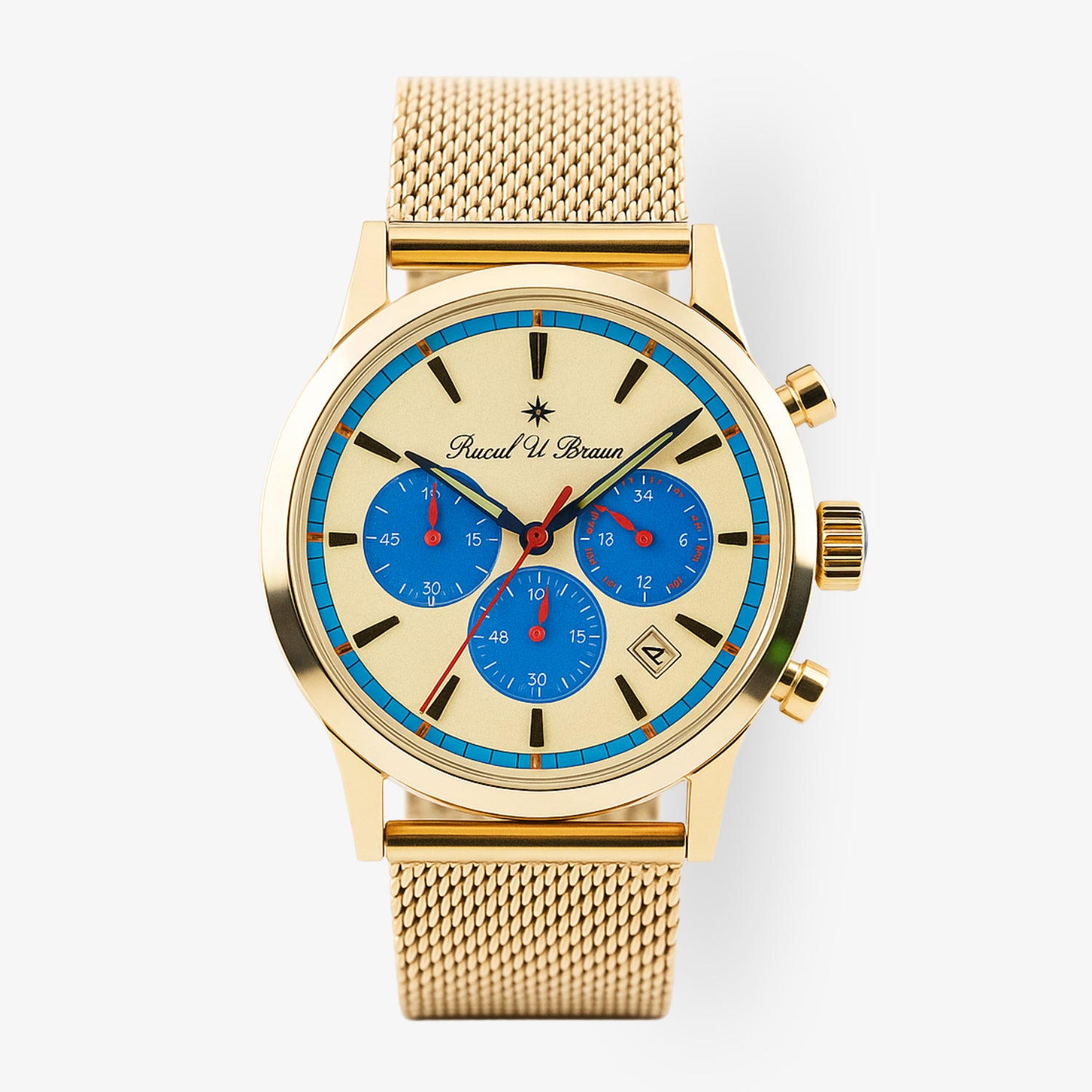 Goldene Armbanduhr mit cremefarbenem Zifferblatt, blauen Chronographenanzeigen und goldfarbenem Mesh-Armband.