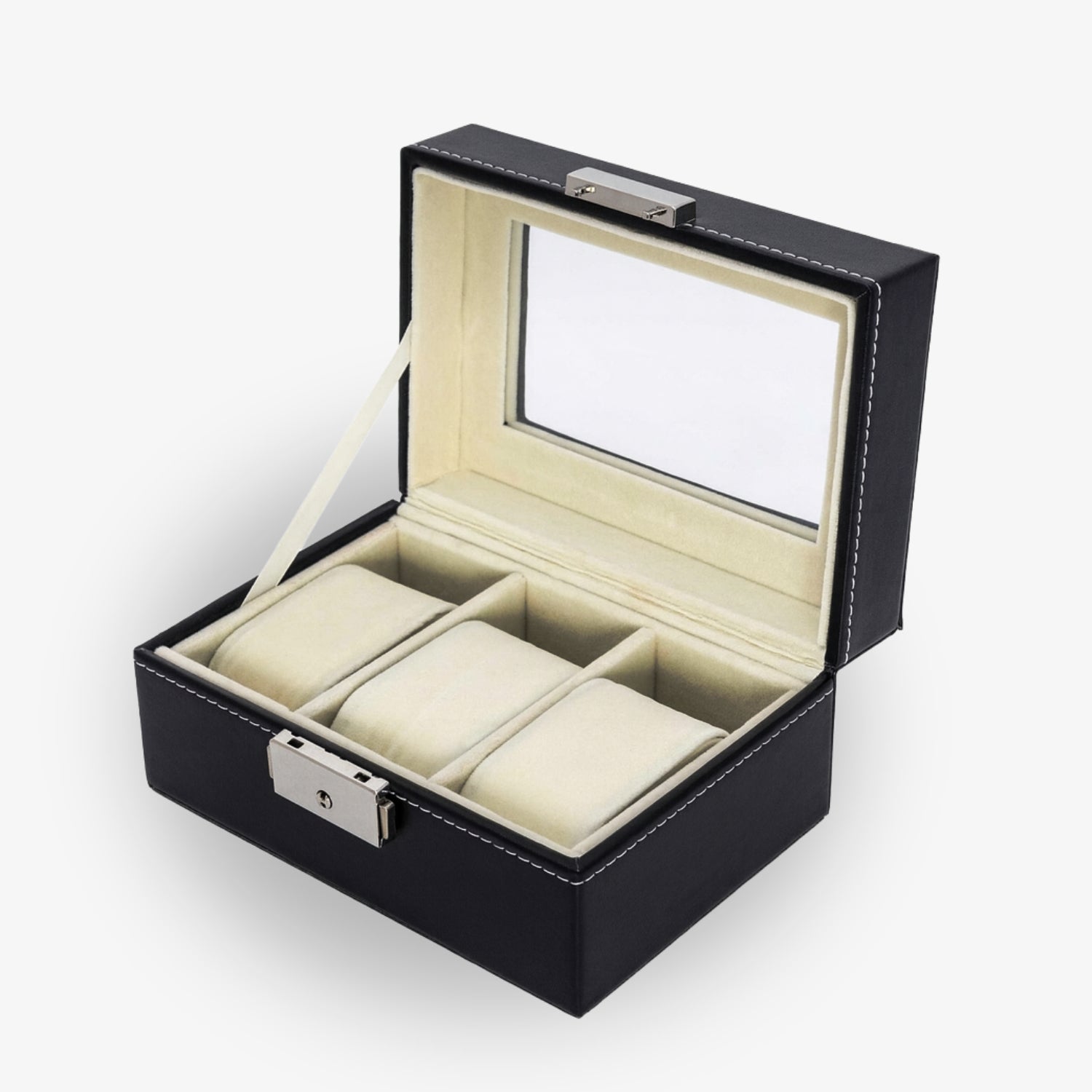 Schwarze Schmuckbox mit geöffnetem Klappdeckel, drei gepolsterte Fächer und ein Fenster im Deckel sichtbar.