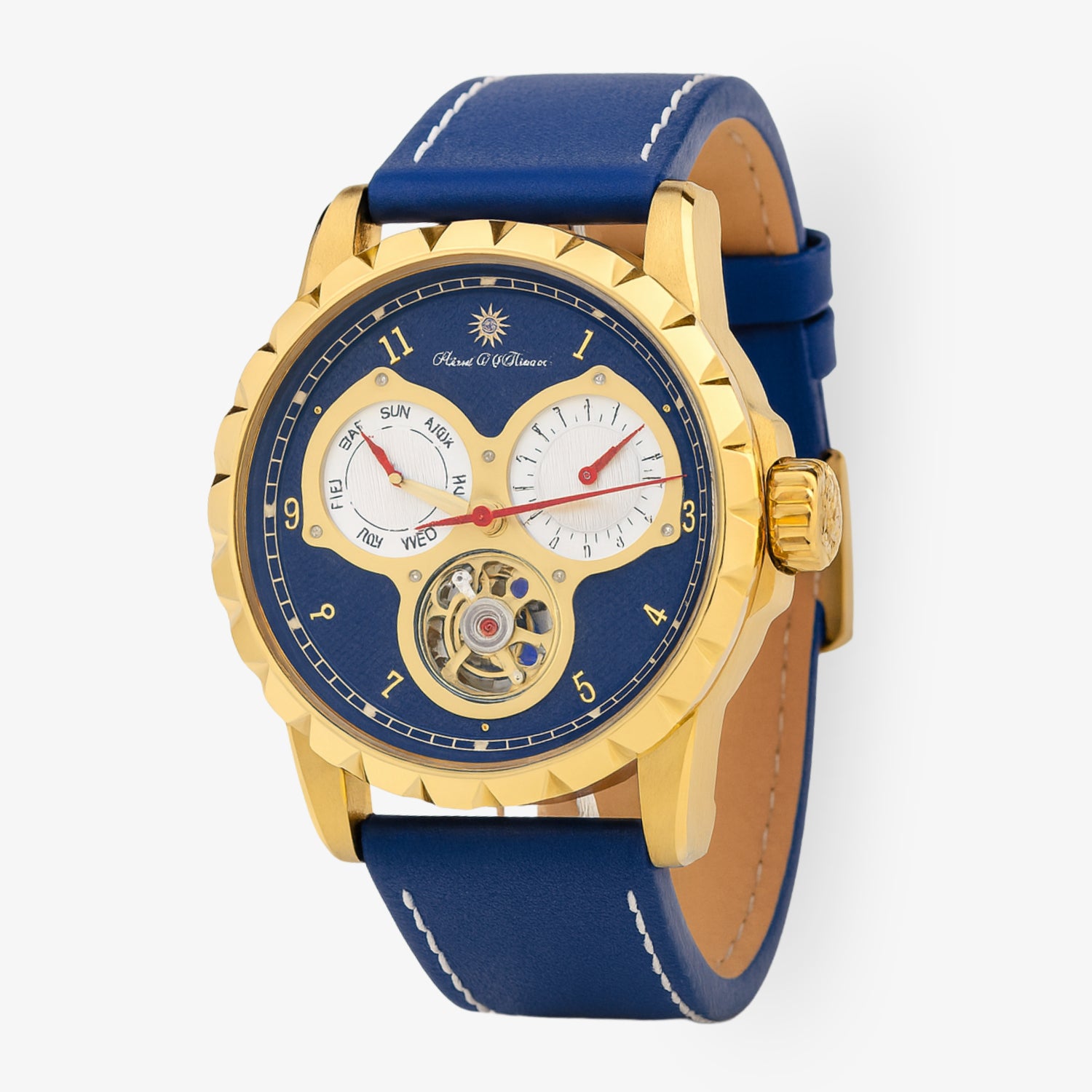 Goldene Armbanduhr mit blauem Zifferblatt, mehreren Anzeigen und einem blauen Lederarmband.