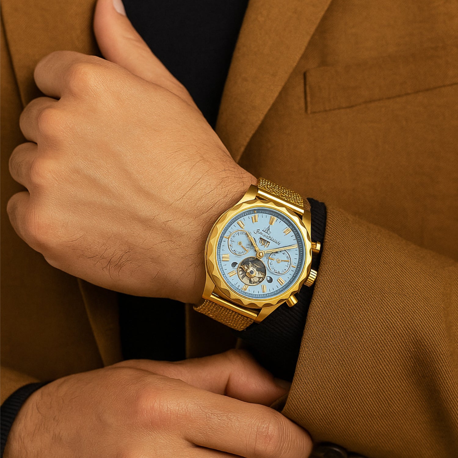 Mann mit braunem Sakko trägt eine goldene Uhr mit blauem Zifferblatt am Handgelenk.