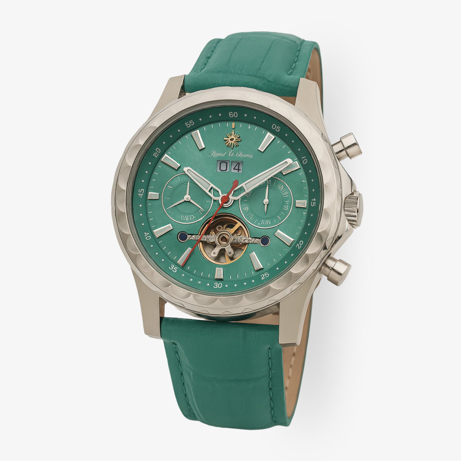 Luxus-Herrenuhr mit grünen Zifferblatt, silbernem Gehäuse und grünem Armband, zeigt Datum und Mondphase an.