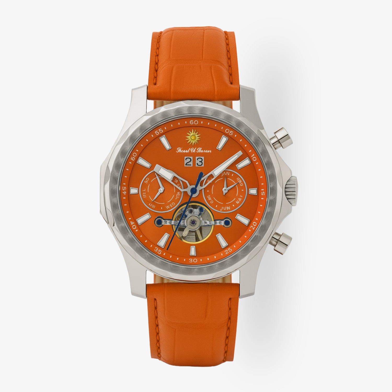 Silberne Armbanduhr mit orangefarbenem Zifferblatt, drei Hilfsblättern und einem orangefarbenen Armband.
