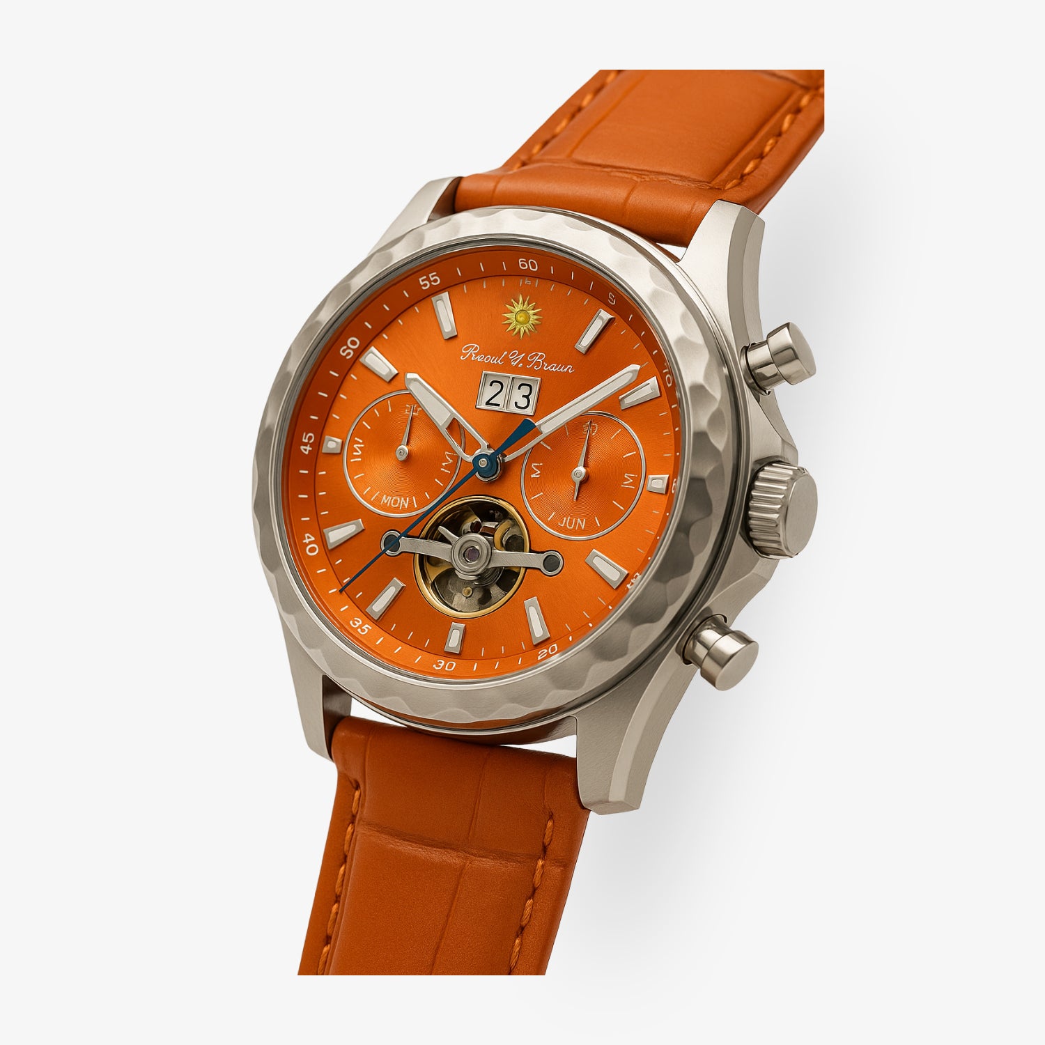 Luxuriöse Armbanduhr mit orangefarbenem Zifferblatt, silbernem Gehäuse und orangefarbenem Lederarmband.
