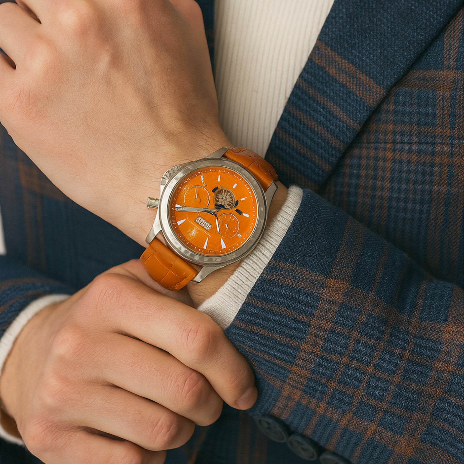 Eine Person mit einer orangefarbenen Armbanduhr und einem blau-braunen karierten Anzug hält ihr Handgelenk.