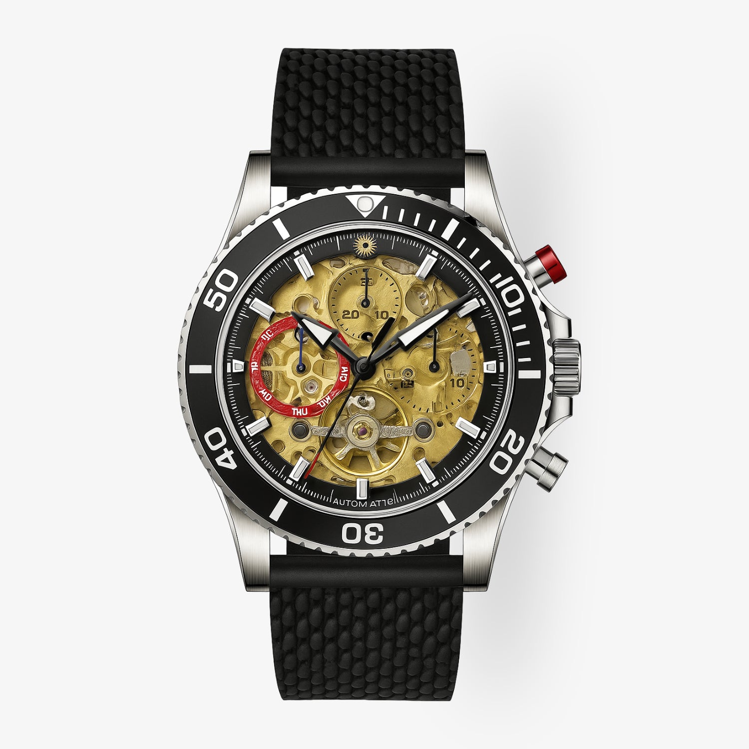Luxusarmbanduhr mit durchsichtigem Zifferblatt, schwarzer Lünette und Armband, zeigt Zahnräder und Zeiger.