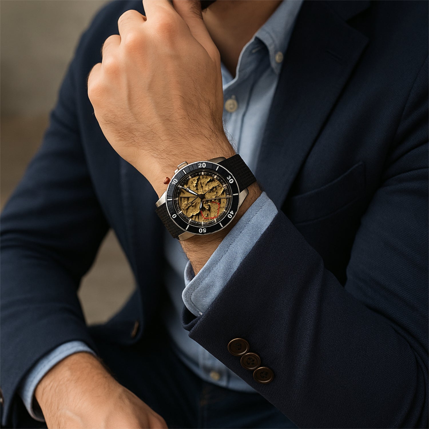 Person mit einem dunkelblauen Anzug trägt eine Uhr mit schwarzem Armband und goldenem Zifferblatt.