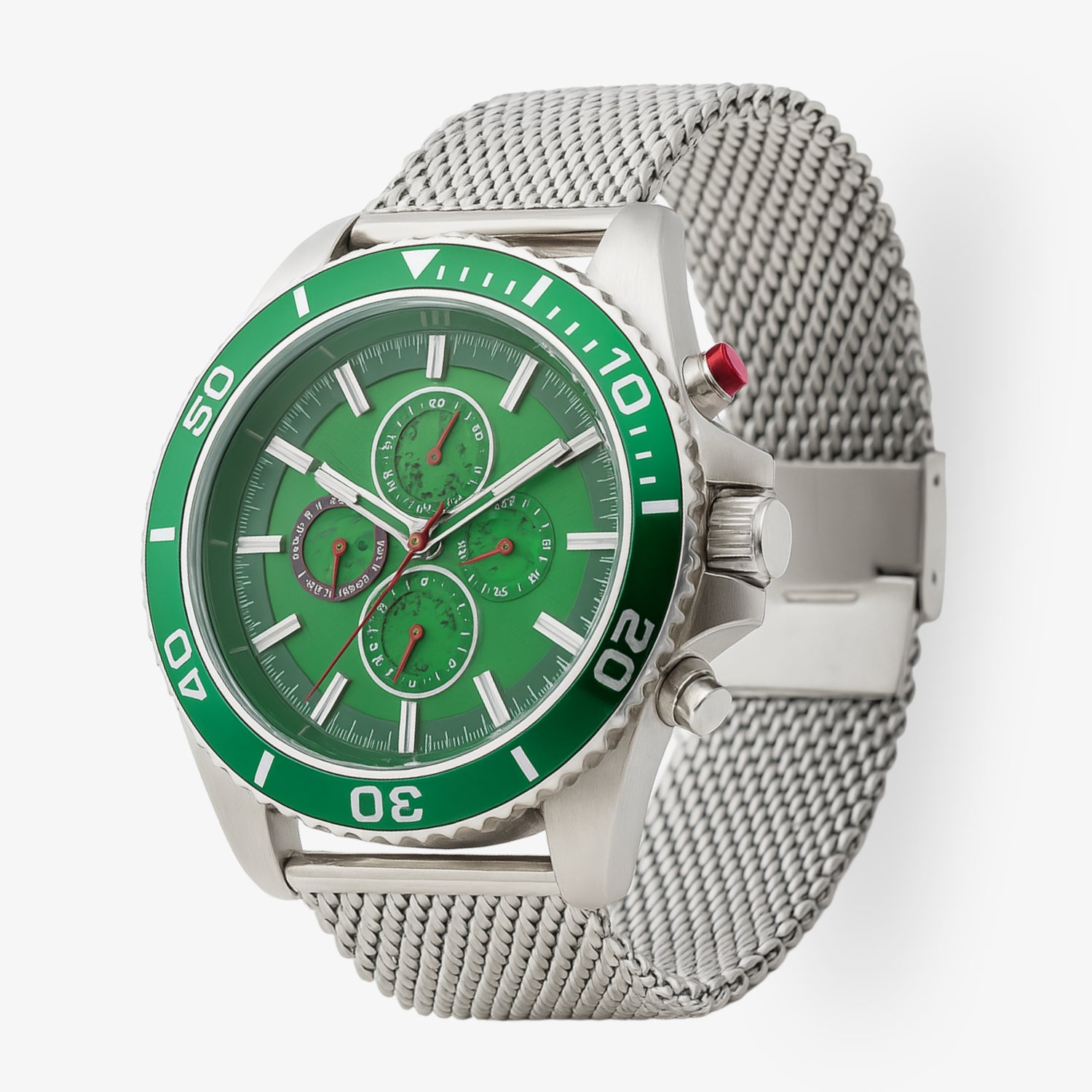 Silberne Armbanduhr mit grünem Zifferblatt, drei kleinen Zifferblättern und einem Gehäuse aus Edelstahl.