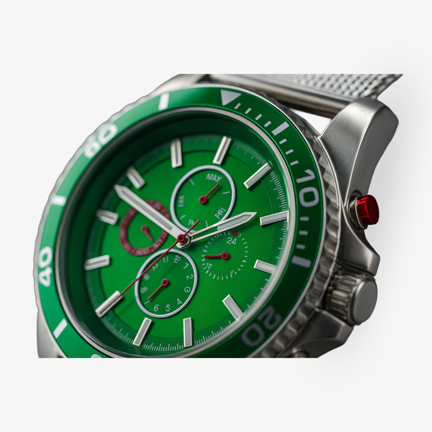 Grüne Armbanduhr mit Edelstahlgehäuse und roten Details, zeigt drei kleine Zifferblätter für Datum und Zeit.