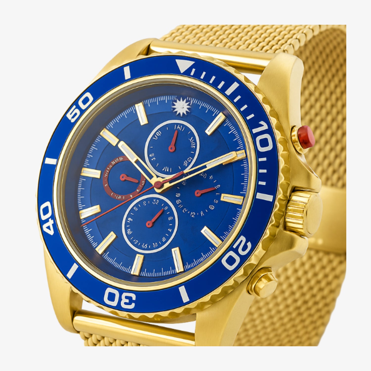 Goldene Armbanduhr mit blauem Zifferblatt und blauem Rand, goldenen Zeigern und goldenem Armband.