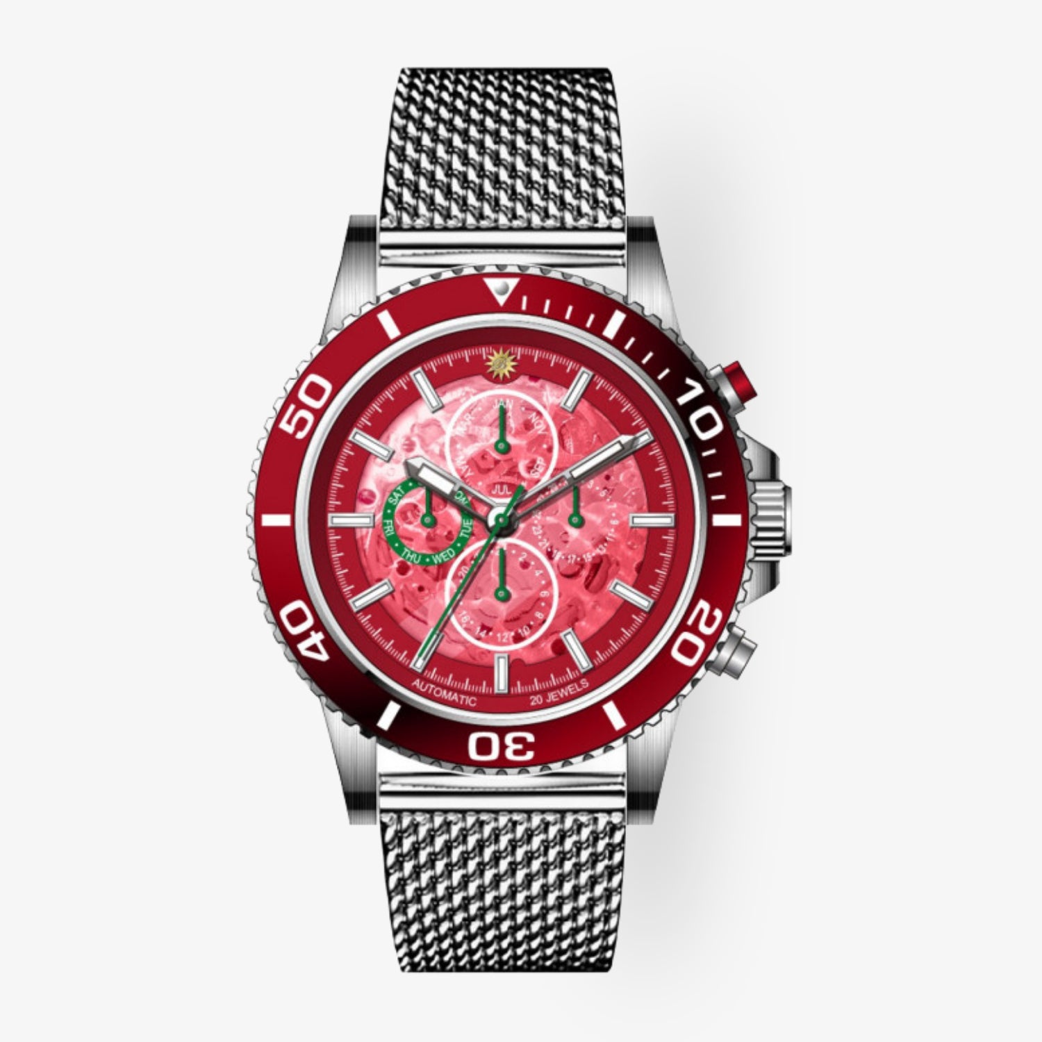 Silberne Armbanduhr mit rotem Zifferblatt und Lünettenmarkierungen, sowie Silberarmband auf weißem Hintergrund.