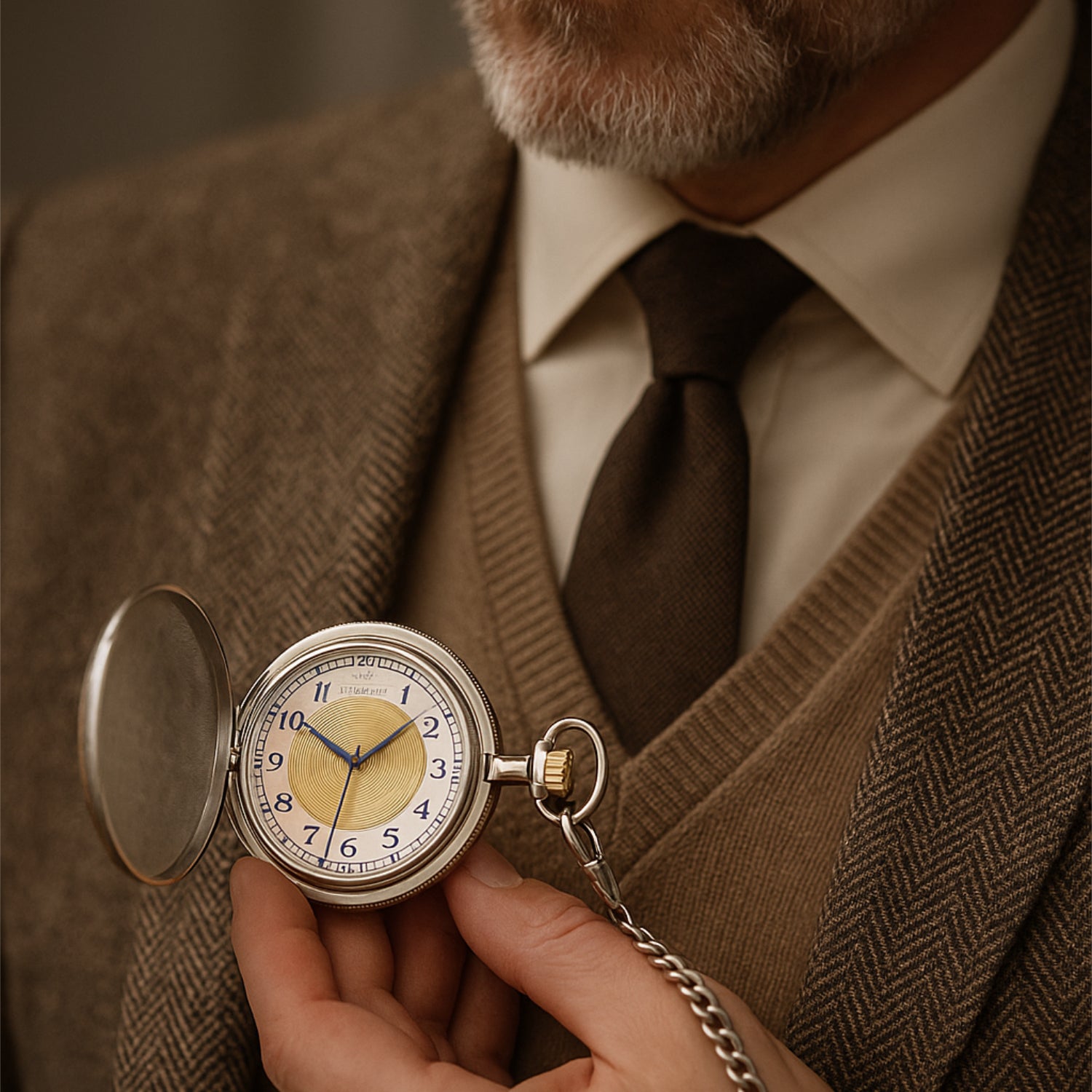 Mann hält eine offene Taschenuhr in der Hand, trägt einen Anzug mit Hemd und Krawatte.