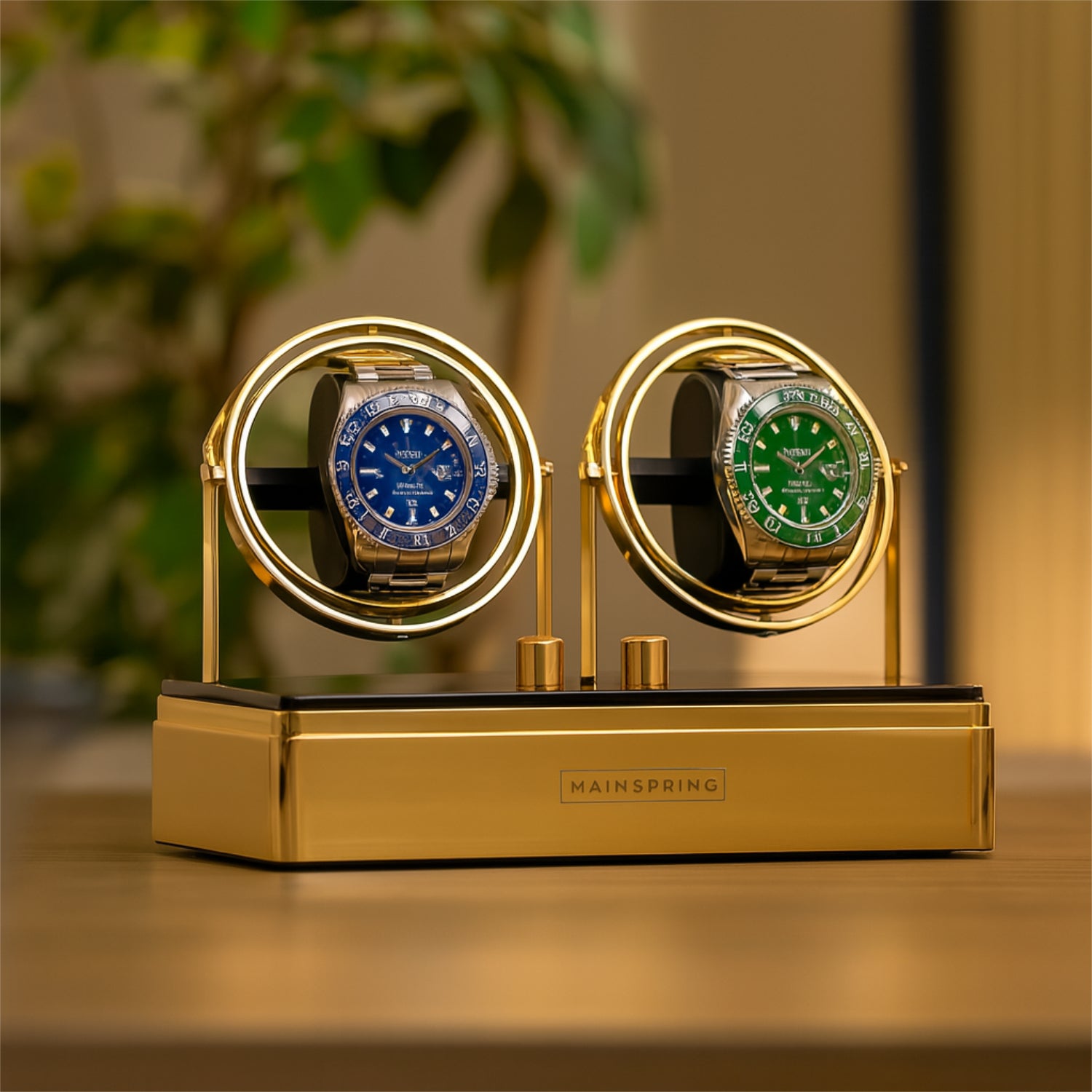 Zwei Uhren in einem goldenen Uhrenbeweger auf einem Tisch, mit Pflanzen im Hintergrund.