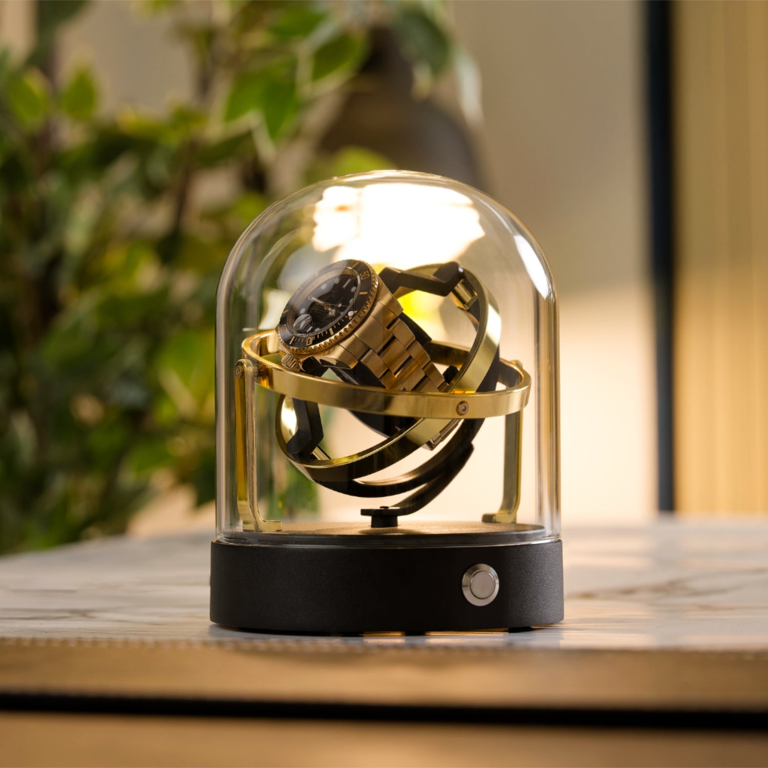 Goldene Uhr in einem transparenten Uhrenbeweger aus Glas, platziert auf einem Tisch mit unscharfen Pflanzen im Hintergrund.