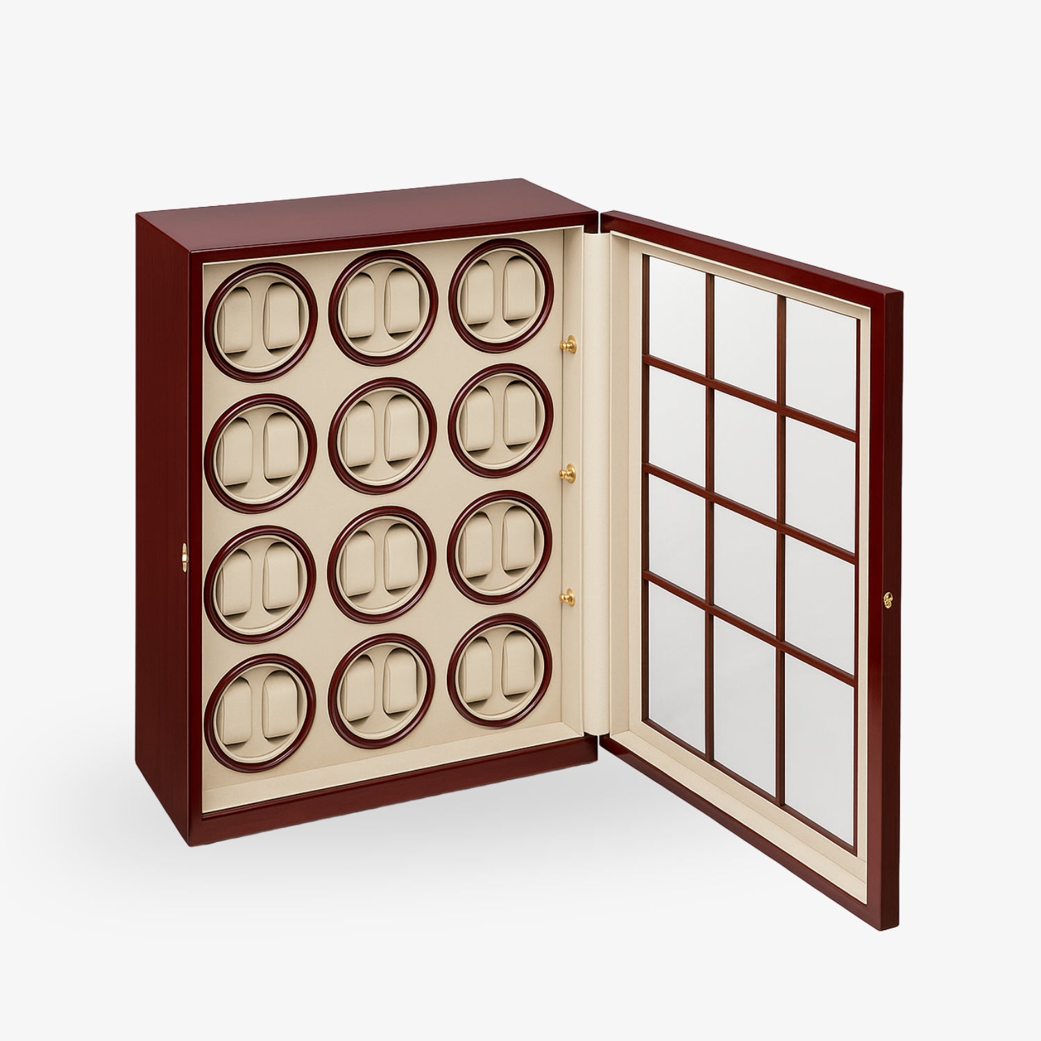 Offener, hölzerner Uhrenbeweger mit zwölf runden Fächern und einer Glastür.