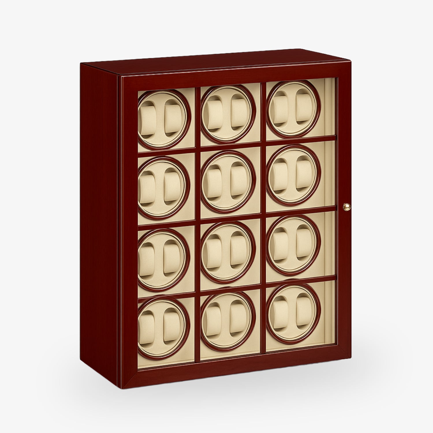 Holzschrank mit 12 kreisförmigen Fächern, die beige Einsätze für Uhren oder ähnliche Gegenstände haben.