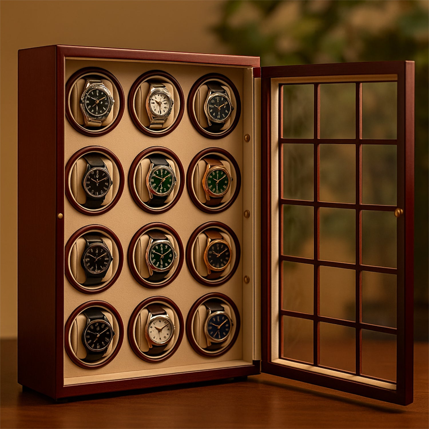 Holzkasten mit 12 Uhren auf Uhrenbewegern, geöffnet, auf einem Holztisch stehend.