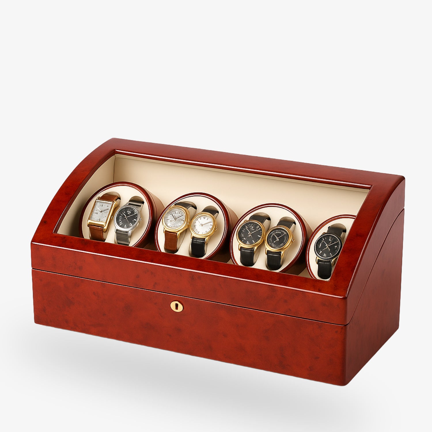 Holz-Uhrenbox mit Glasdeckel, zeigt fünf elegante Uhren auf runden Haltern.