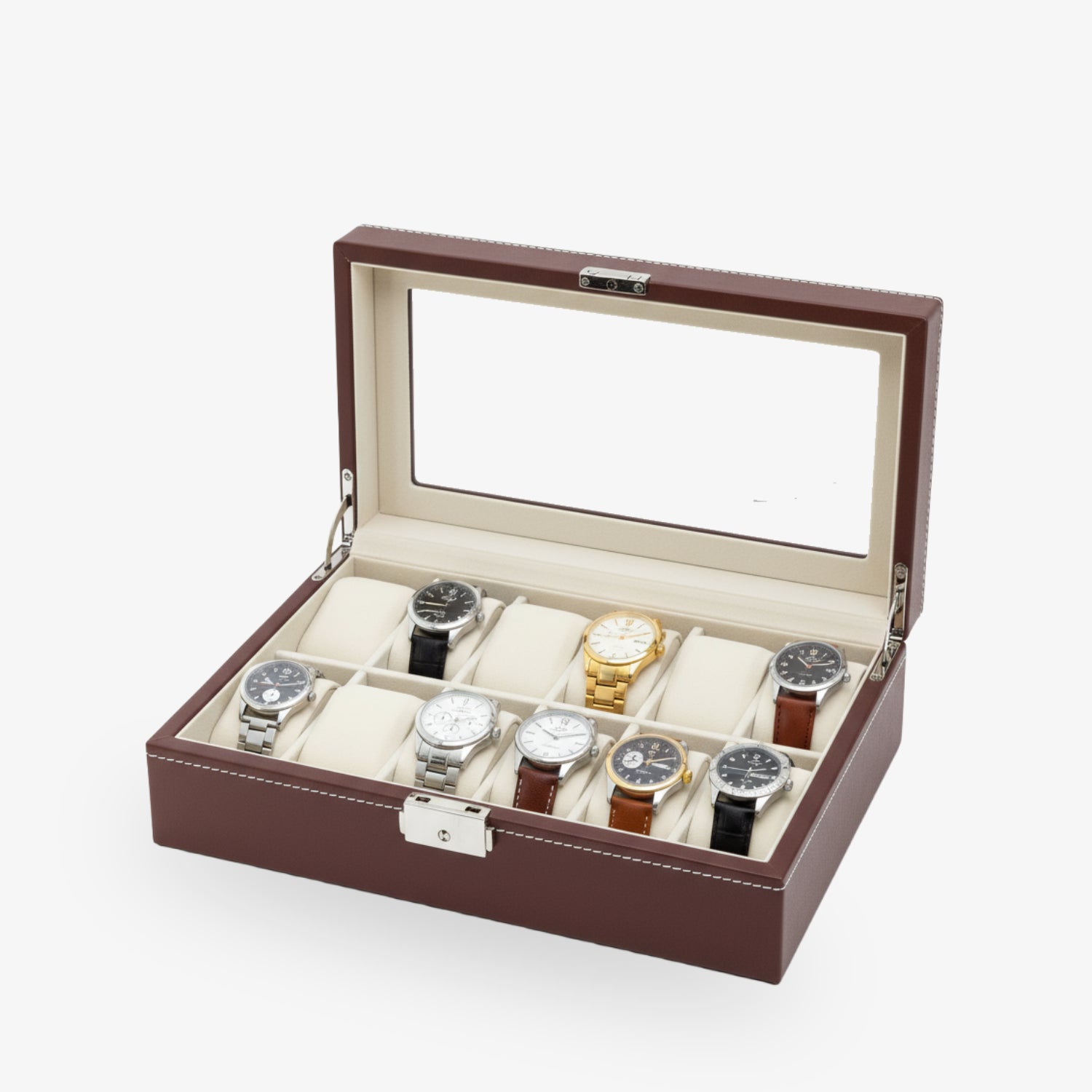 12er Uhrenbox – PU-Leder Dunkelbraun & Velvet Beige