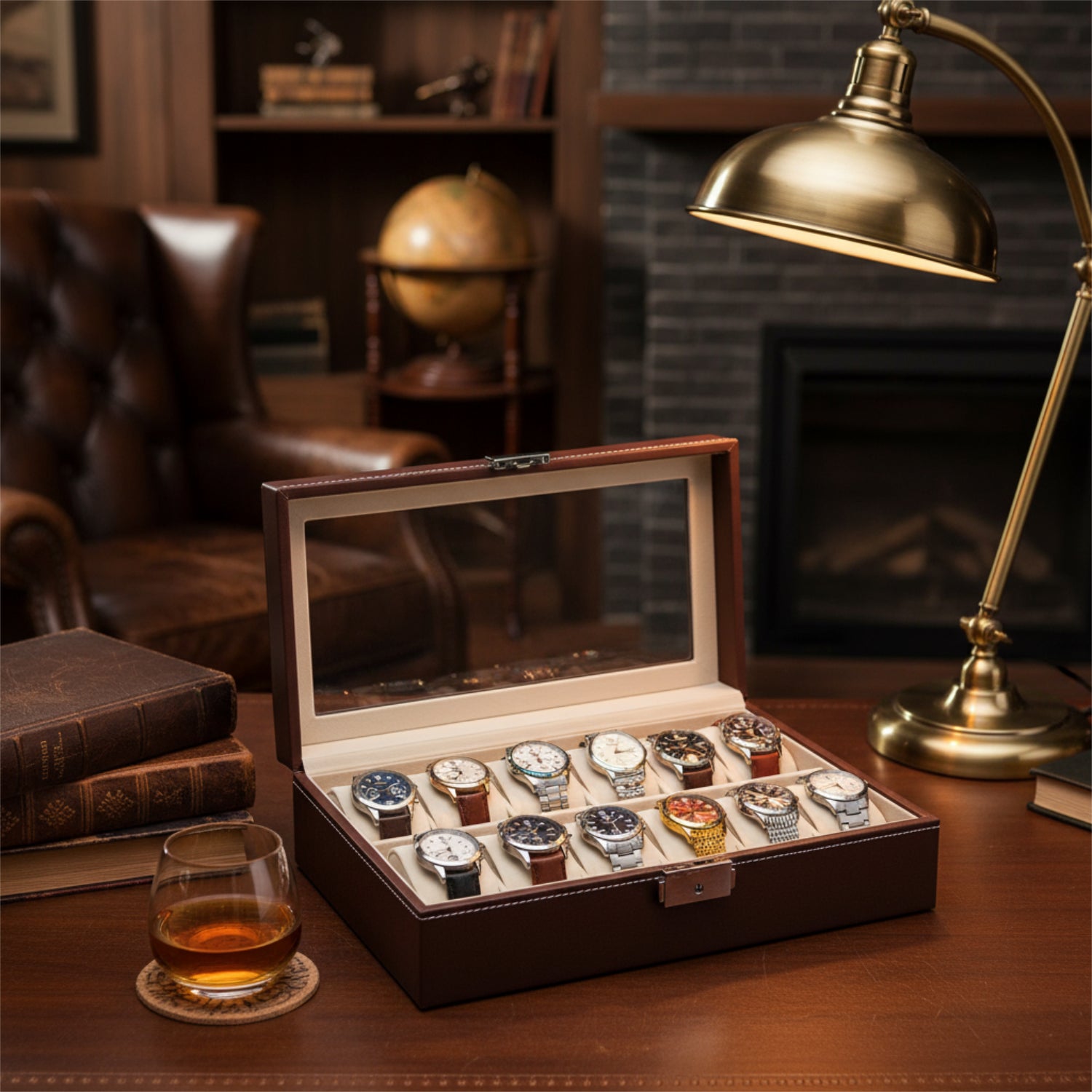 Scatola da 12 orologi – Pelle PU marrone scuro e velluto beige