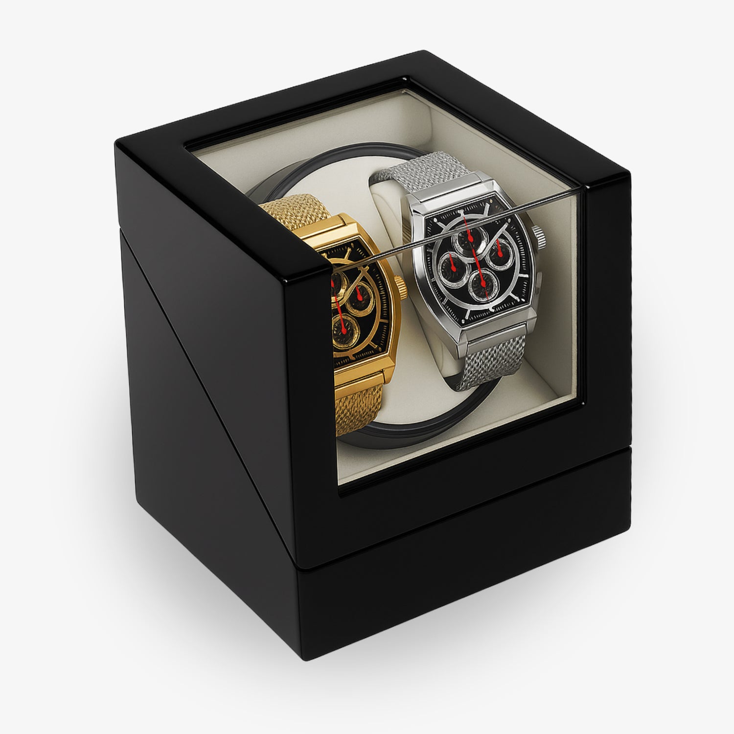 Zwei Armbanduhren, eine goldene und eine silberne, in einer schwarzen Displaybox mit Glasabdeckung.