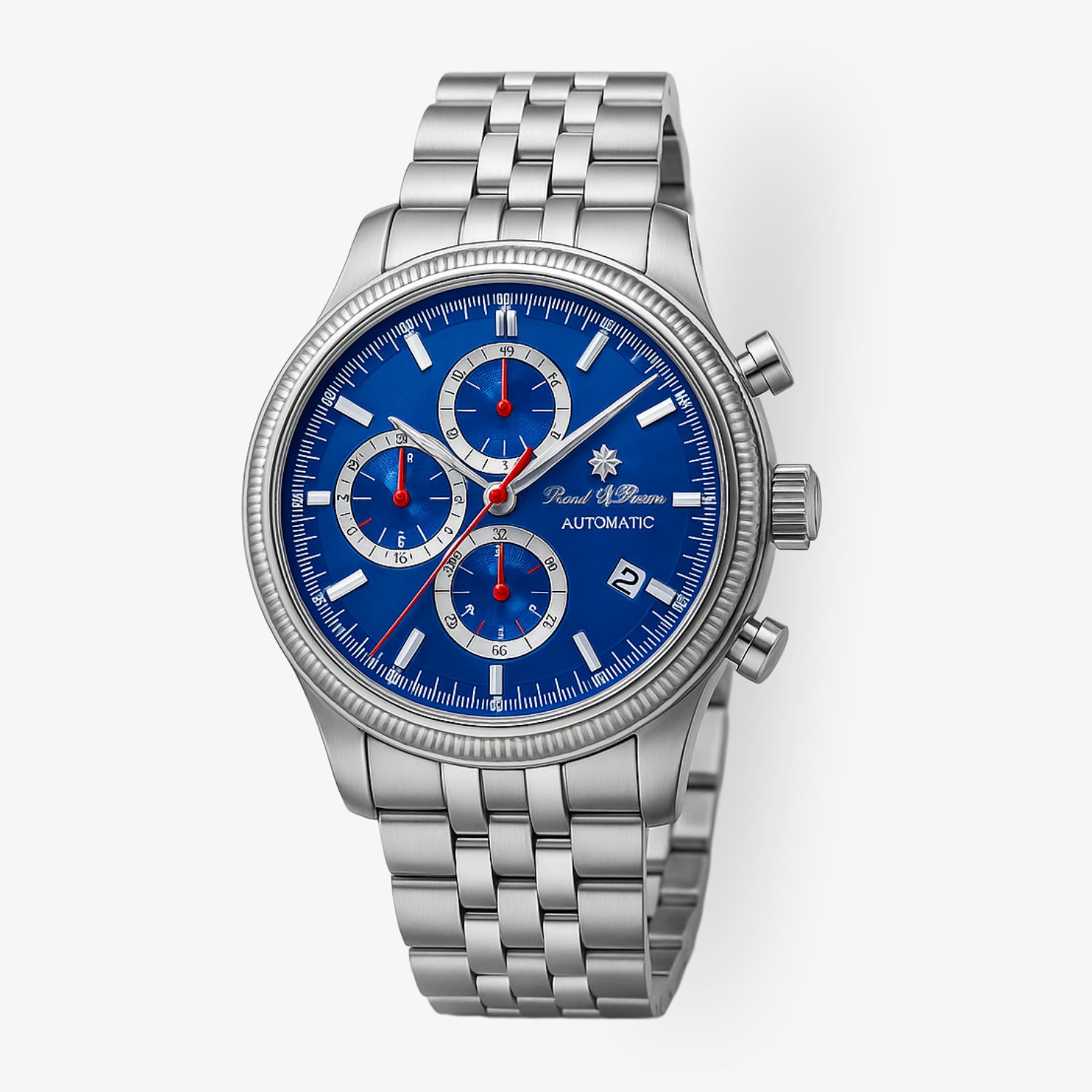 Silberne Chronograph-Uhr mit blauem Zifferblatt, drei kleinen Zifferblättern, roten Zeigern und Metallarmband.