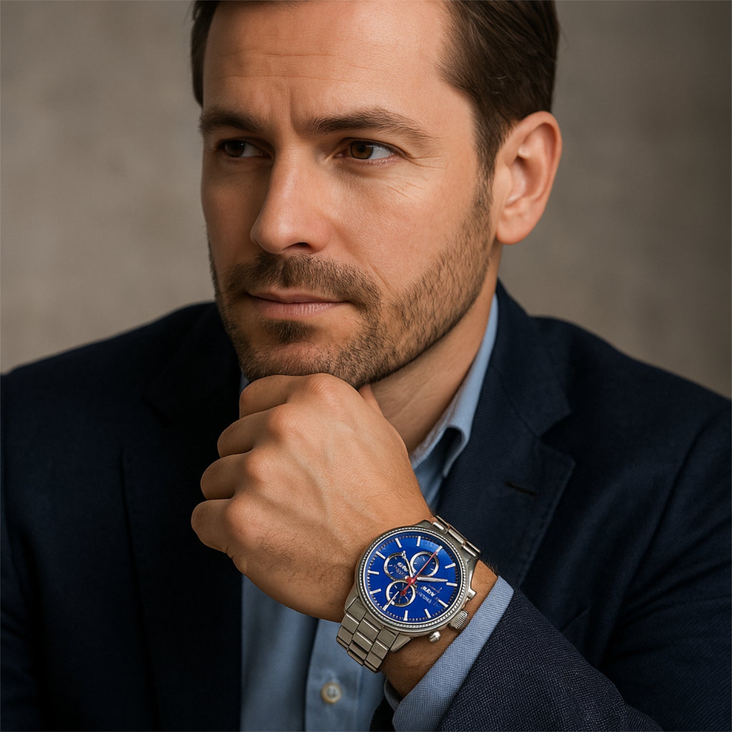 Mann in Anzug betrachtet nachdenklich in die Ferne und trägt eine silberne Armbanduhr mit blauem Zifferblatt.