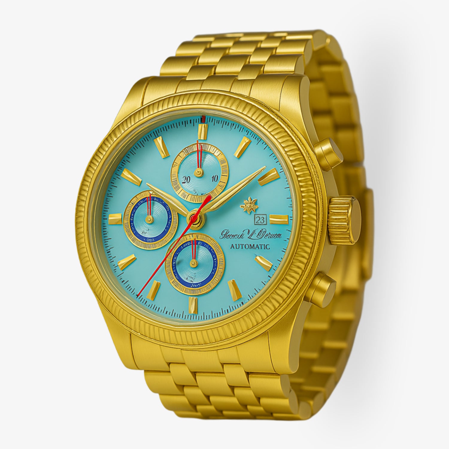 Goldene Armbanduhr mit blauem Zifferblatt, mehreren Zifferblättern und Datumsanzeige, Goldarmband.