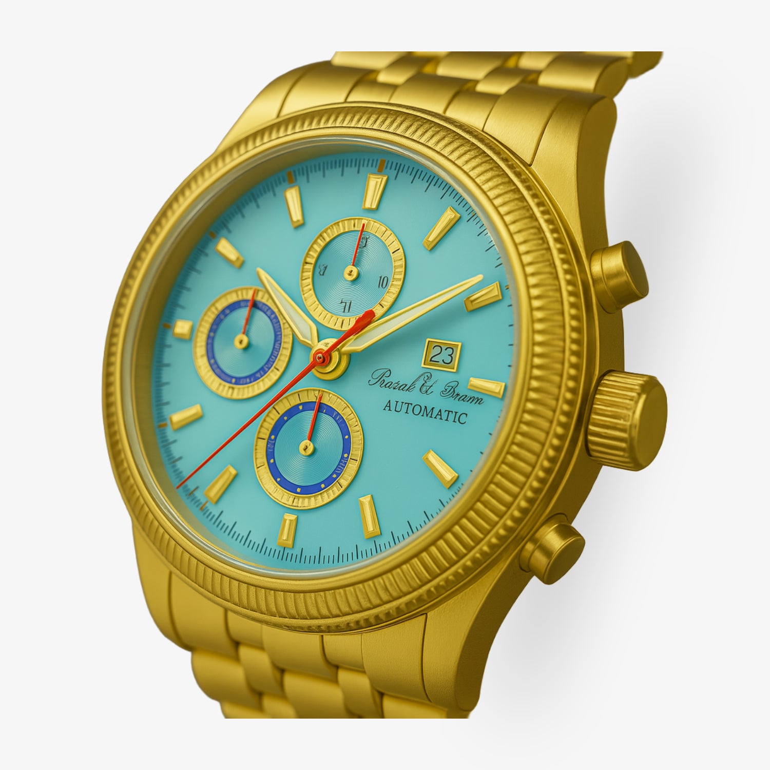 Goldene Armbanduhr mit türkisfarbenem Zifferblatt, drei kleinen Zifferblättern und Datum auf der rechten Seite.