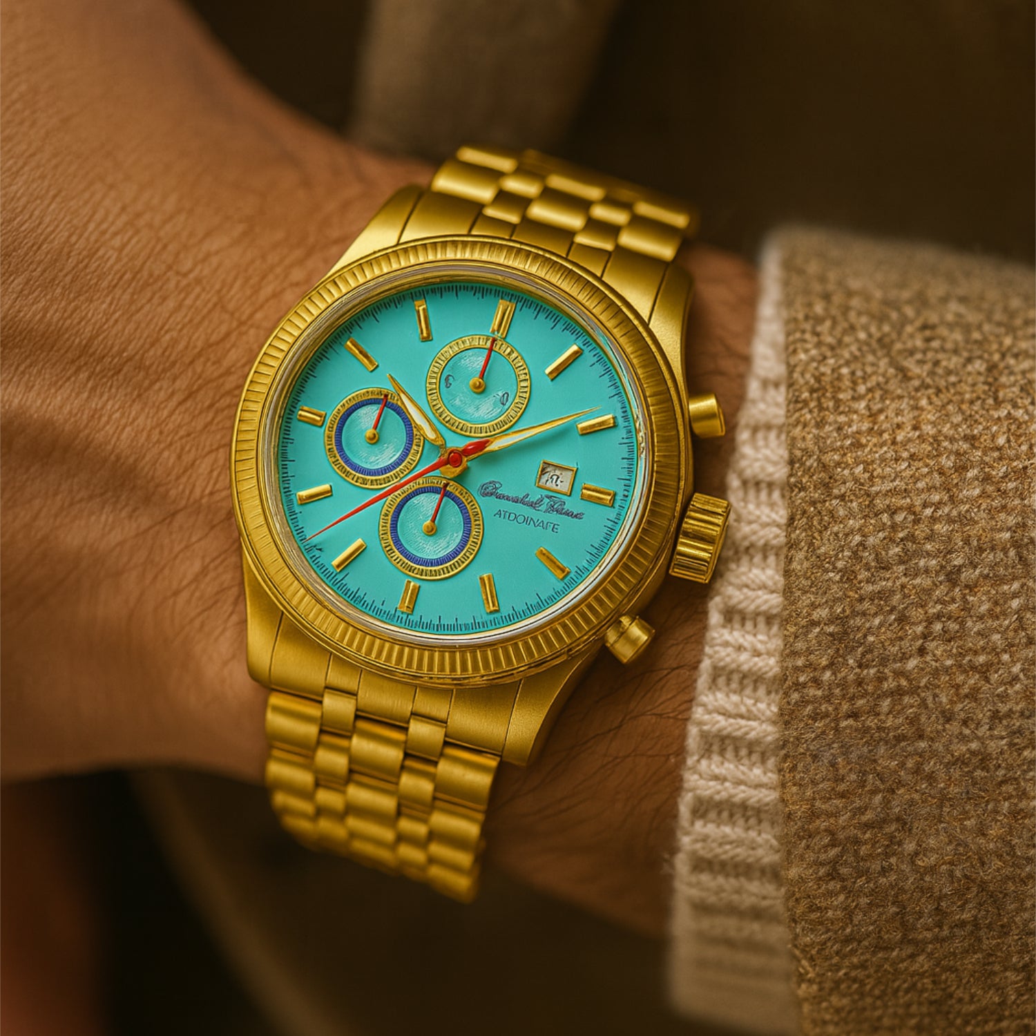 Goldene Armbanduhr mit türkisem Zifferblatt, getragen am Handgelenk, zeigt komplexe Chronographenkreise und ein Datum.