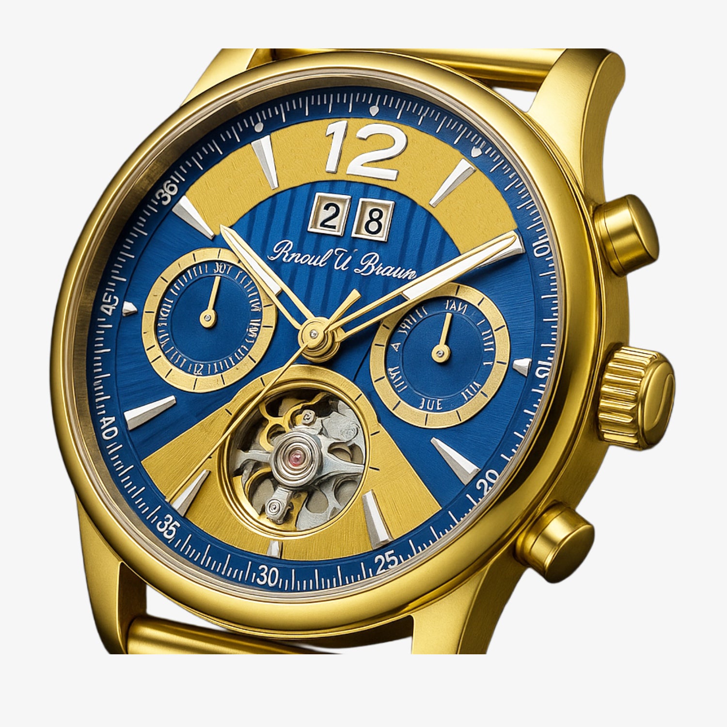 Goldene Armbanduhr mit blauem Zifferblatt, zwei kleinen Ziffernblättern und einem sichtbaren Uhrwerk unten.