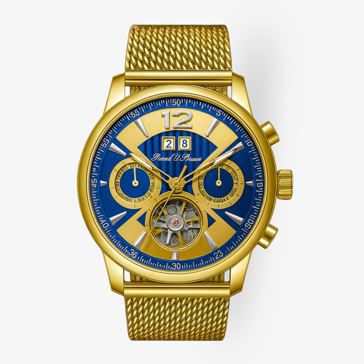 Goldene Armbanduhr mit blauem Zifferblatt, goldenen Details, Datumsanzeige und Metallarmband.
