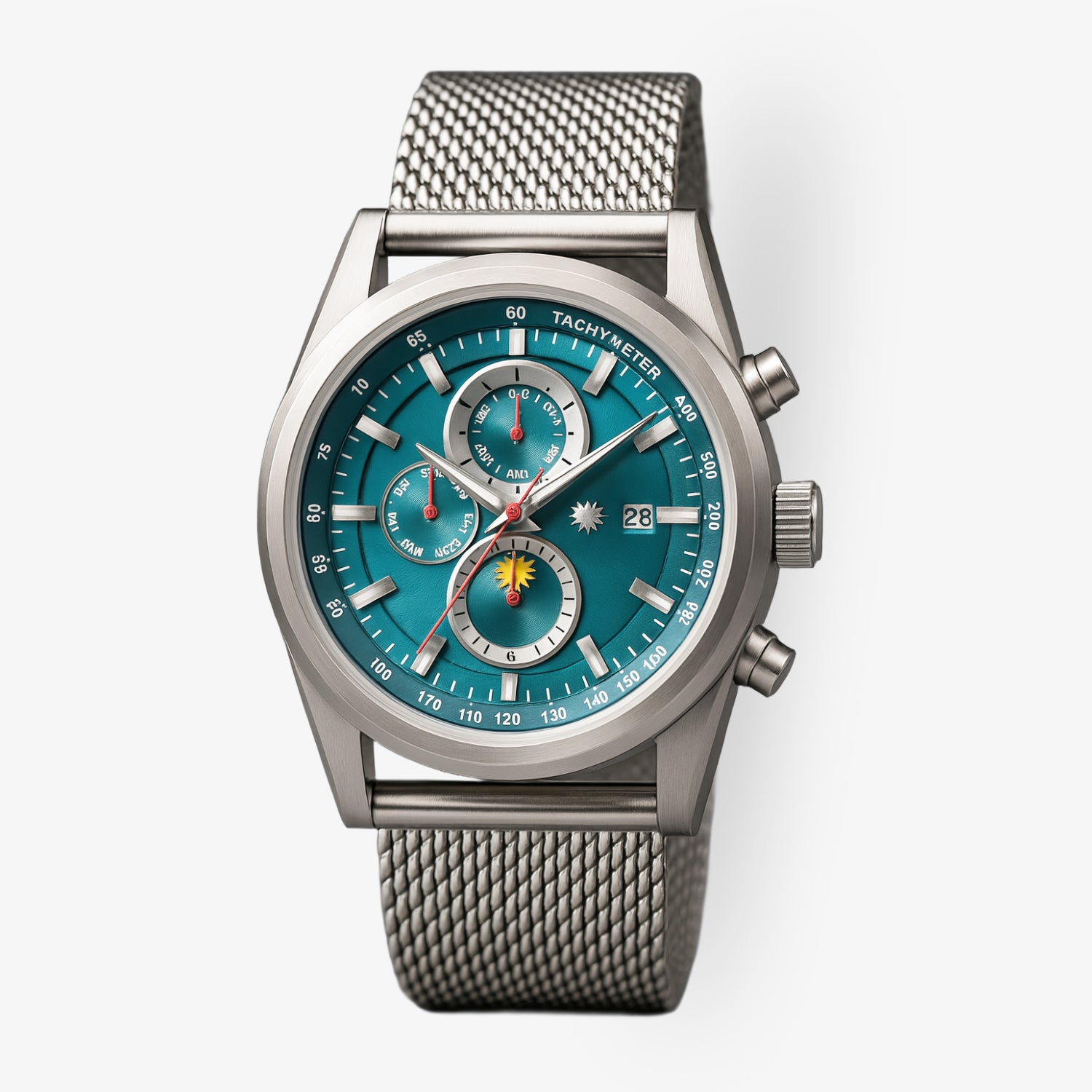 Silberne Armbanduhr mit blauem Zifferblatt, zwei kleinen Zifferblättern und Datumsanzeige, an einem Metallarmband.