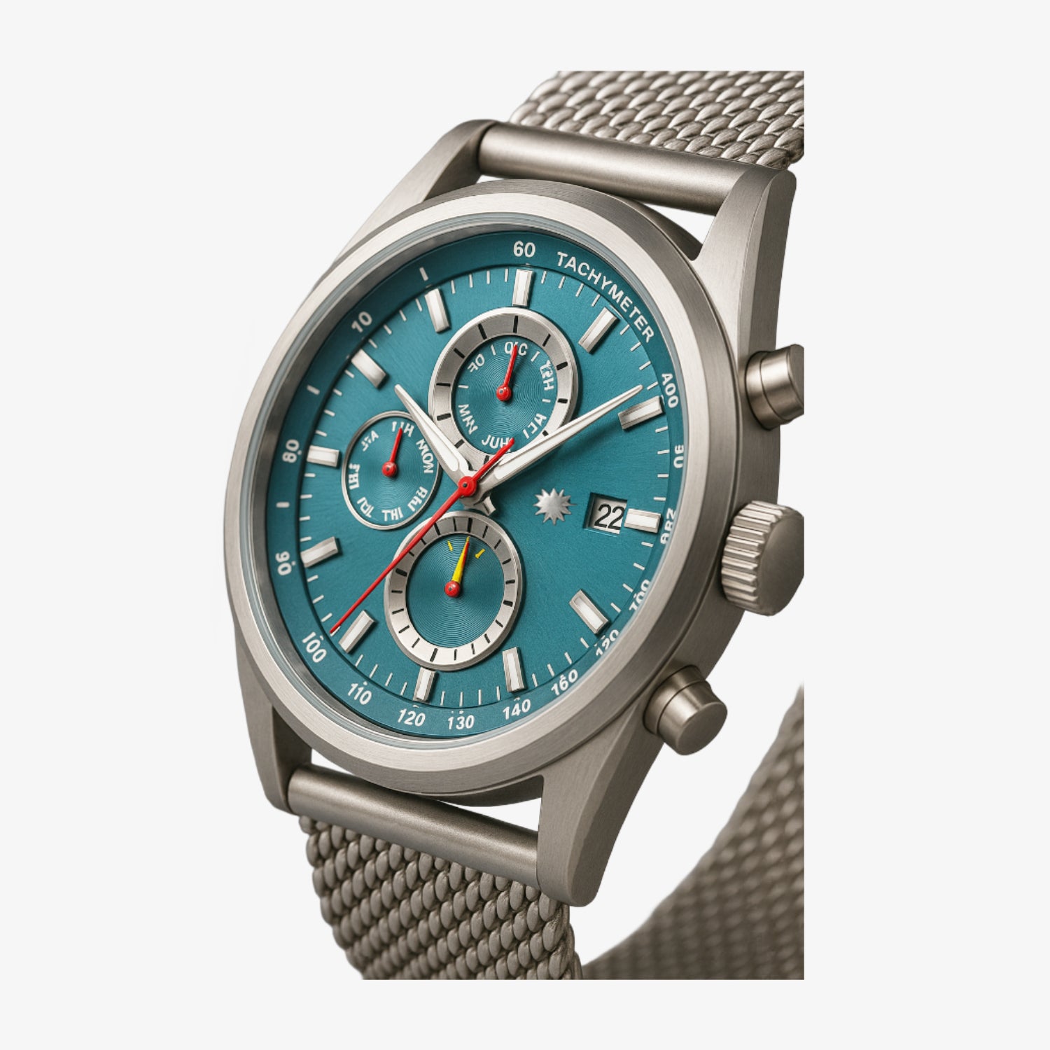 Armbanduhr mit blauem Zifferblatt, drei Chronographenanzeigen, roten Zeigern und einem Metallarmband.