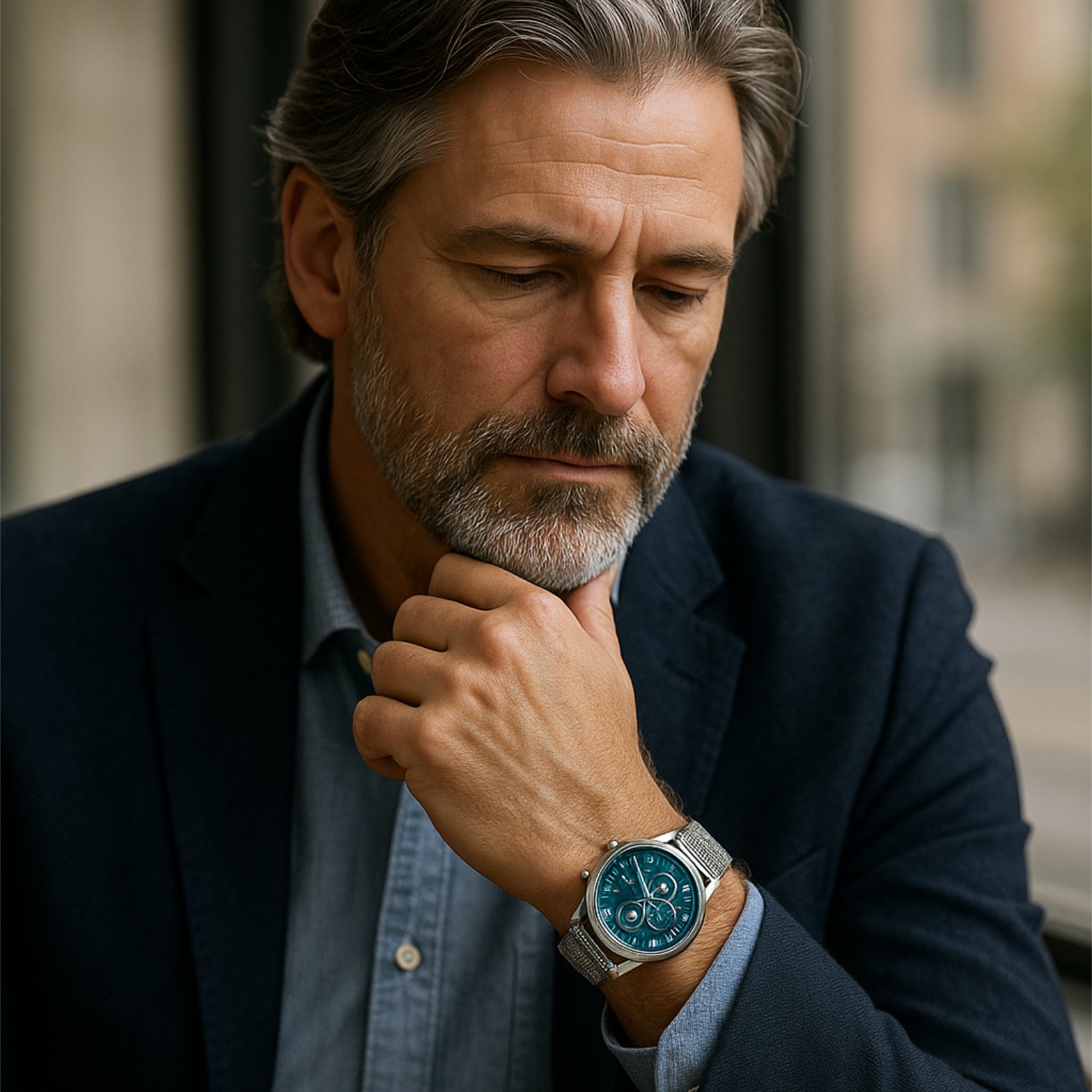 Ein nachdenklicher Mann in einem Sakko betrachtet eine Armbanduhr mit einem blauen Zifferblatt.