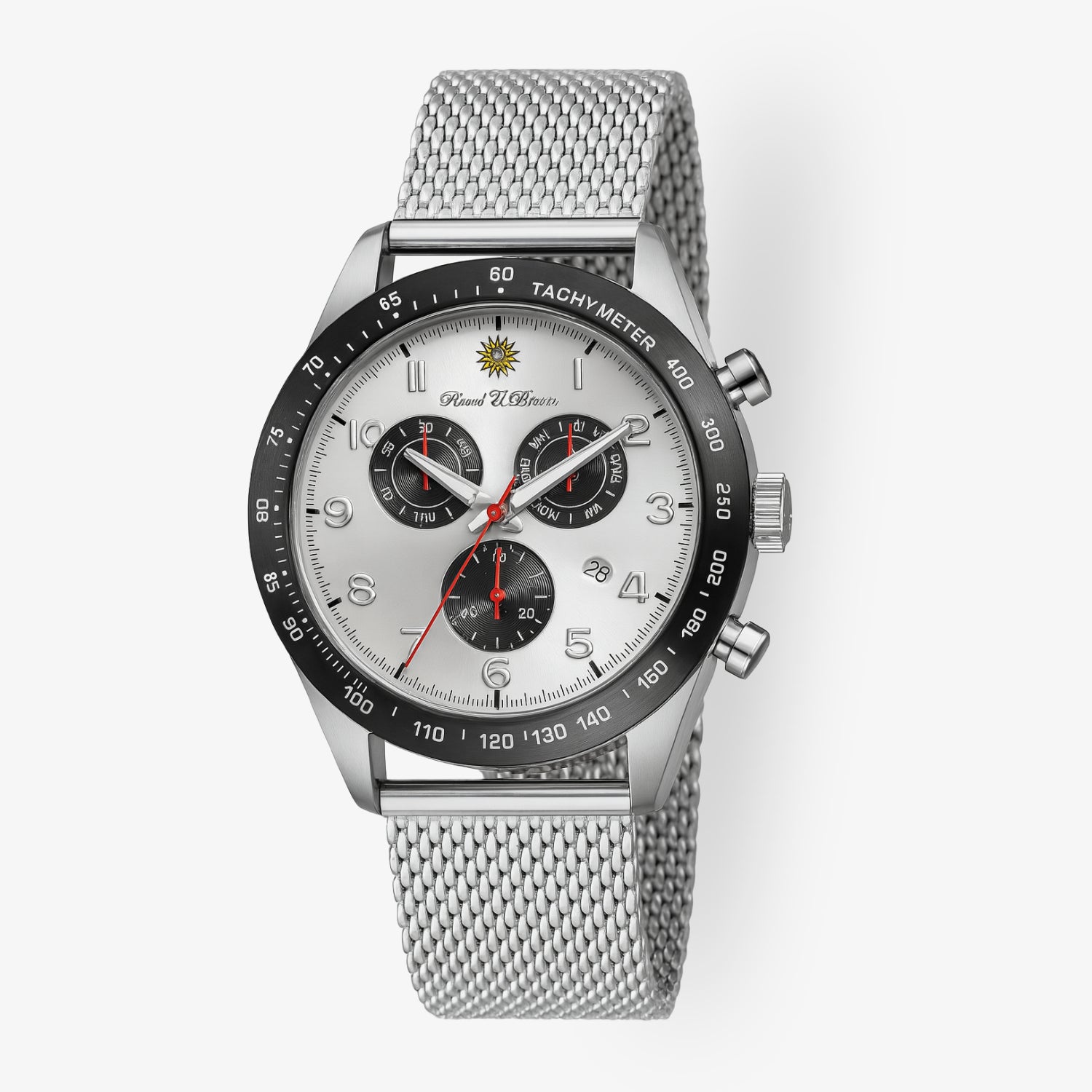 Silberne Armbanduhr mit schwarzem Zifferblatt, drei kleinen Zifferblättern und einem Edelstahl-Mesh-Armband.