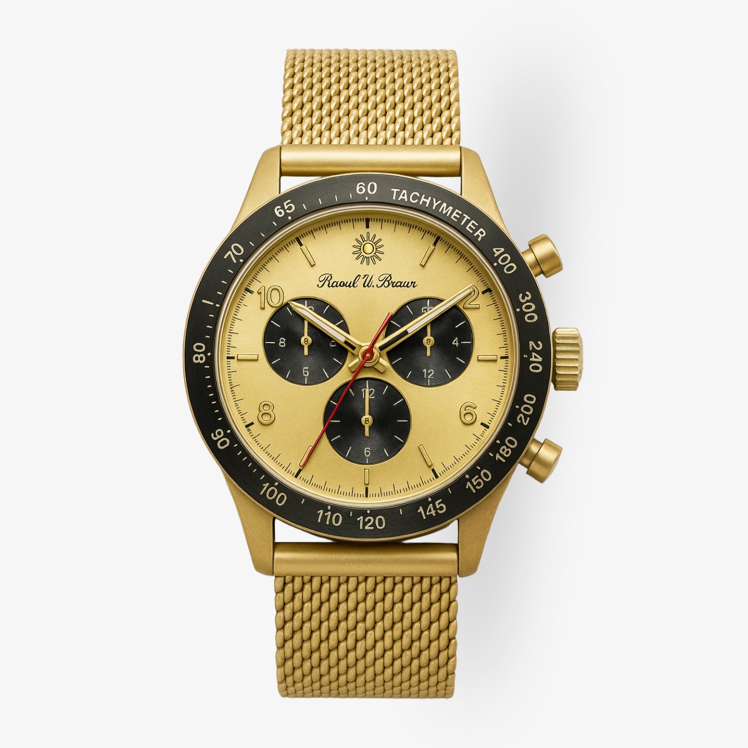 Goldene Armbanduhr mit schwarzem Tachymeter, drei schwarzen Zifferblättern und einem Metallarmband.