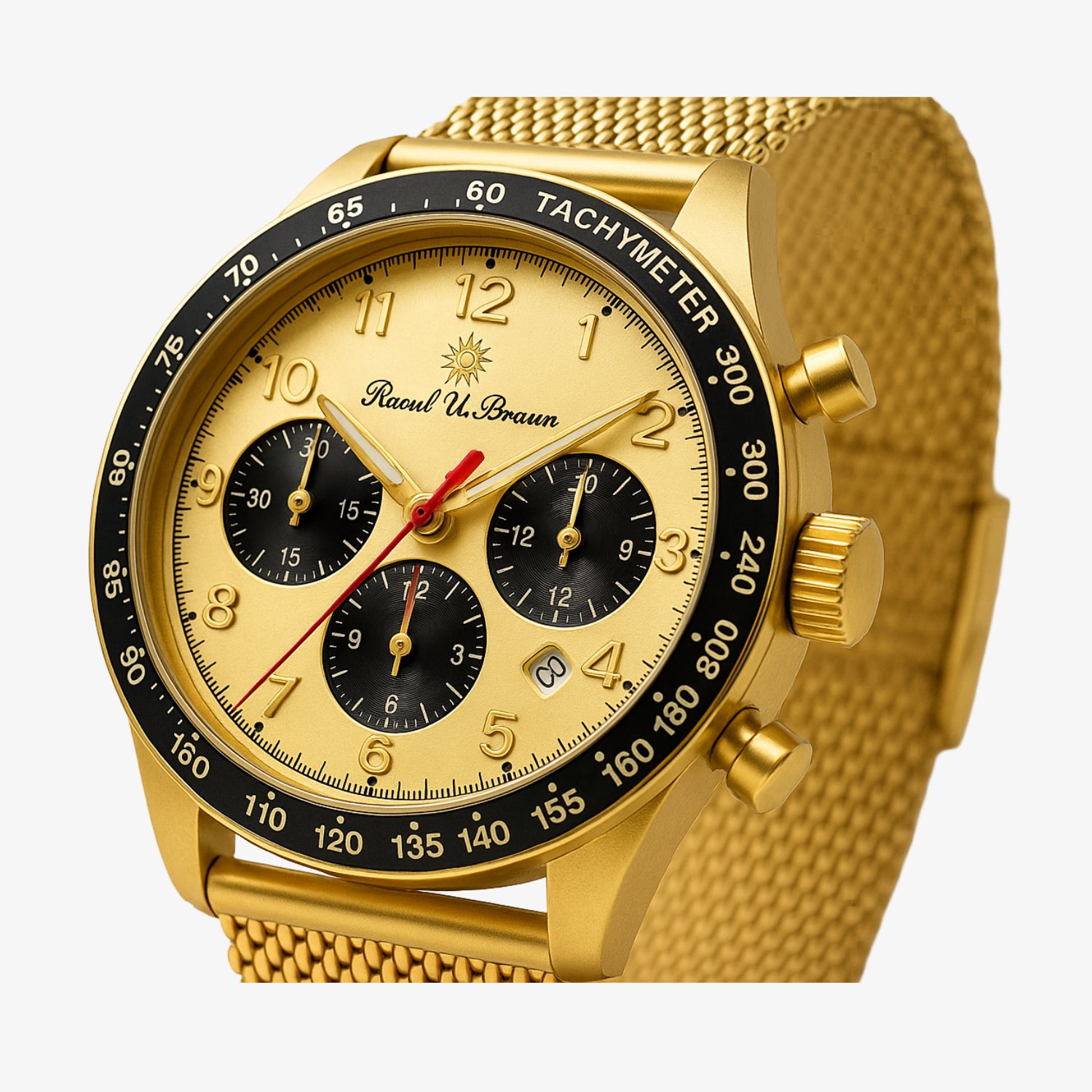 Goldene Armbanduhr mit schwarzem Zifferblatt und Tachymeter-Skala, drei kleineren Zifferblättern und Text "Raoul U. Braun".
