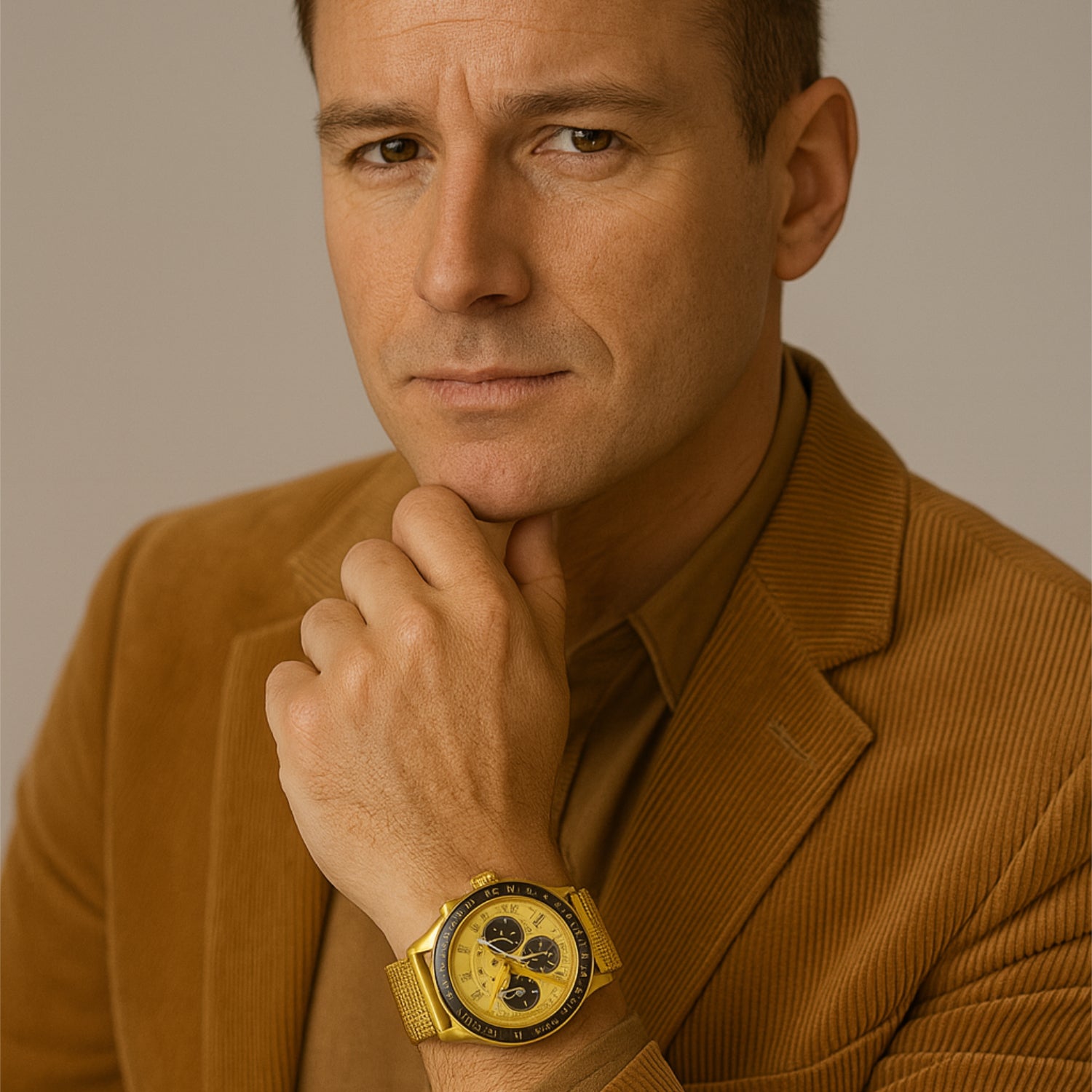 Mann in braunem Anzug, hält sein Kinn mit der Hand, trägt eine goldene Uhr und schaut ernst in die Kamera.