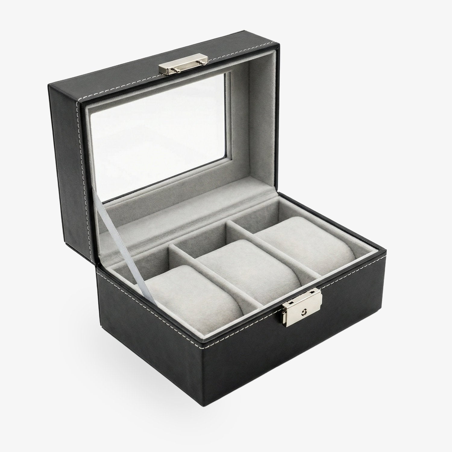 uhren aufbewahrung schrank Uhrenbox für 3 Uhren – PU Black mit Glasdeckel & grauem Samt